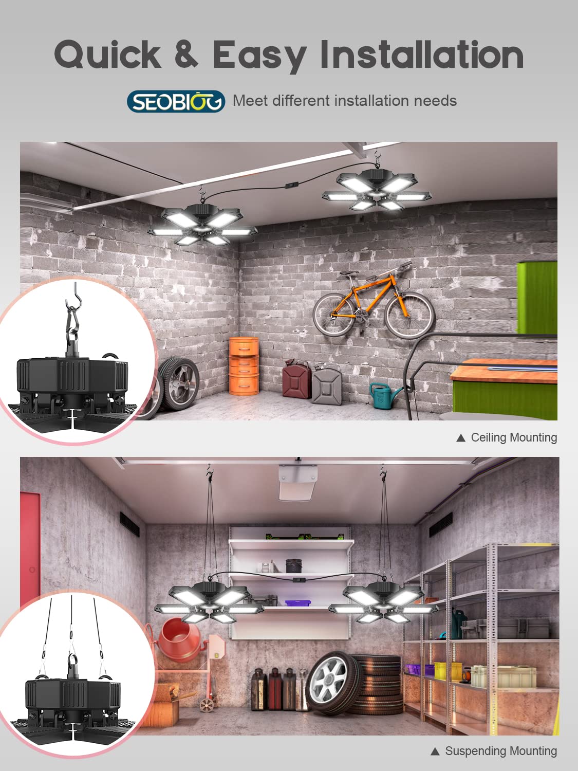 SEOBIOG LED Garage Lights 6 Pack, 200W 20000LM, 6500K Linkable Shop Light, Black, Model PLLGL0006