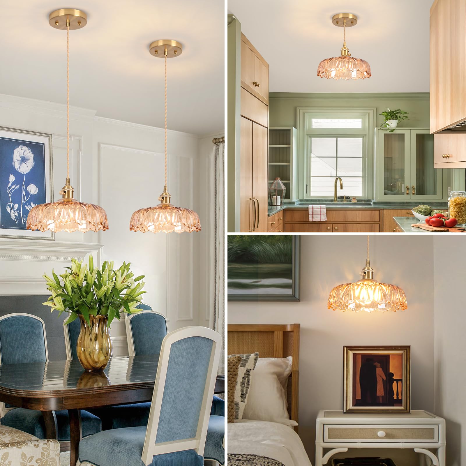 Loiogohot Glass Pendant Light Vintage Light Fixtures,Amber Modern Chandelier Pendant,E26 Pendant Lights Kitchen Island,9.4Inch H