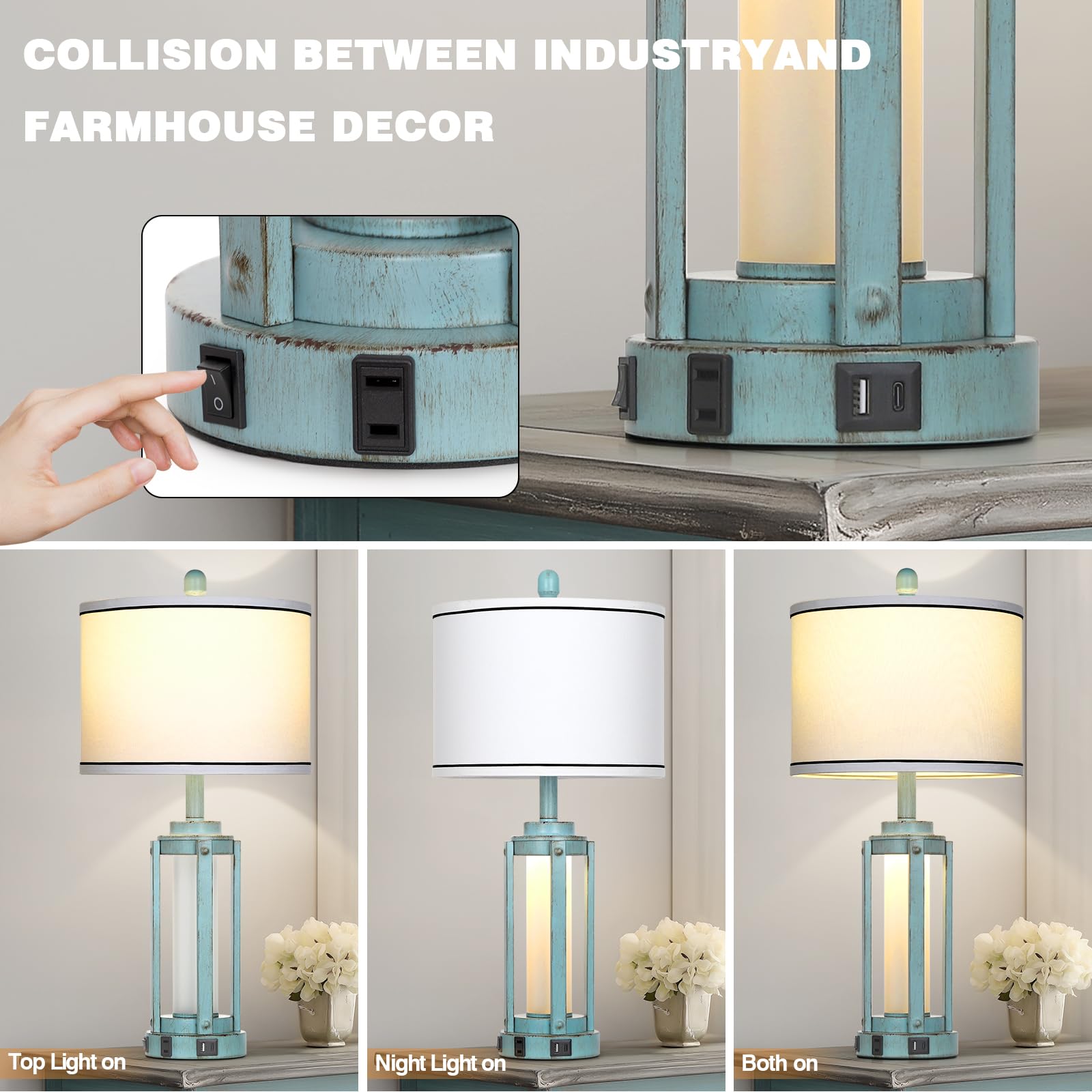 Rinweey Table Lamp For Living Room, Vintage Rustic Industrial Farmhouse Lamps With Usb A+C Charging Ports & Ac Outlet, Beside Ni