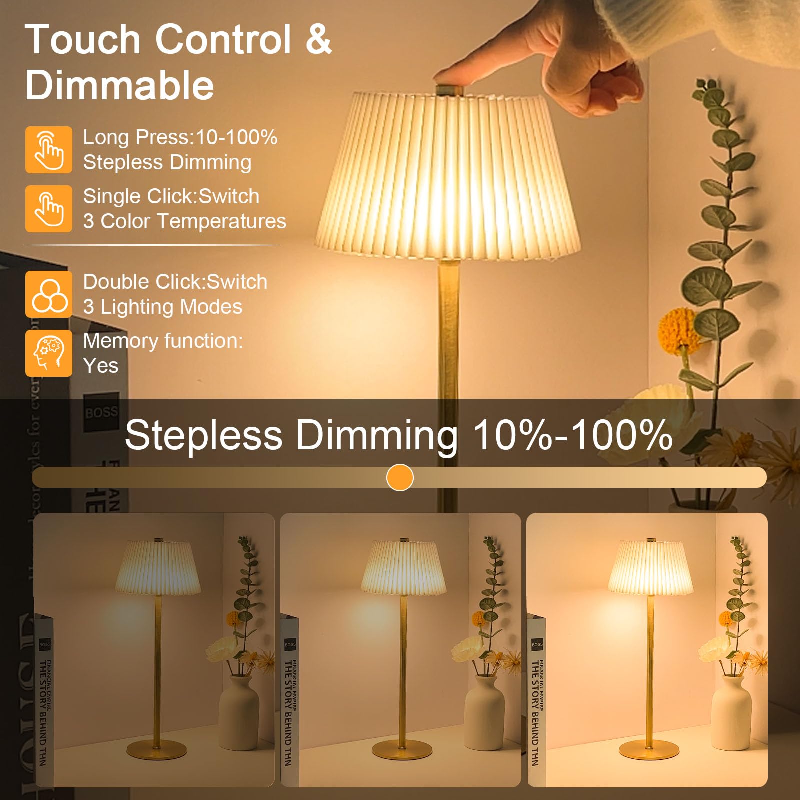 Cordless Table Lamp Rechargeable Small, 4000Mah Led Desk Lamps Gold Fabric Pleated Shade Battery Operated Lamp With 3 Colors Ste