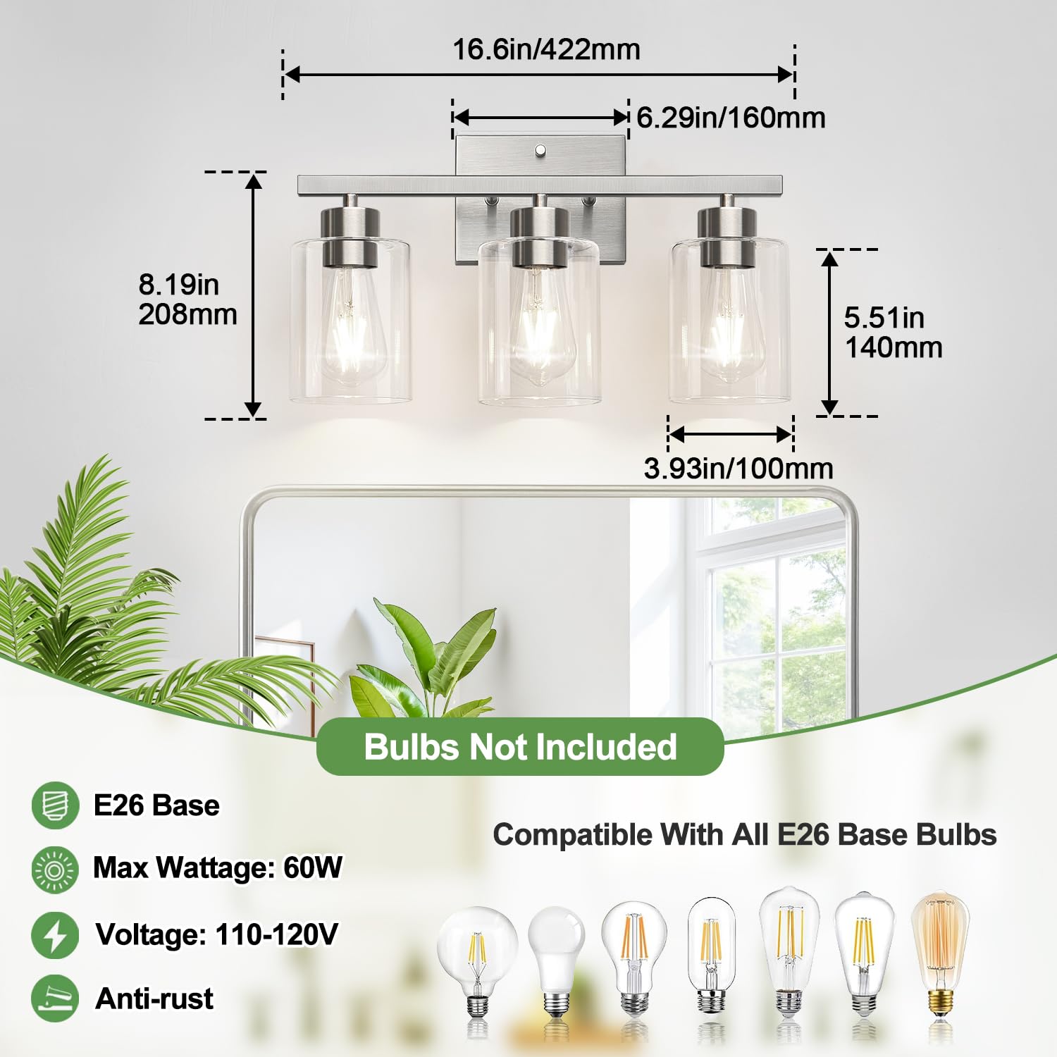 Meybiok 3-Light Bathroom Light Fixtures  Brushed Nickel Vanity Lights  Bathroom Lighting With Clear Glass Shade  Vanity Lighting Fixtures For Mirror Kitchen Bedroom Hallway Living Room