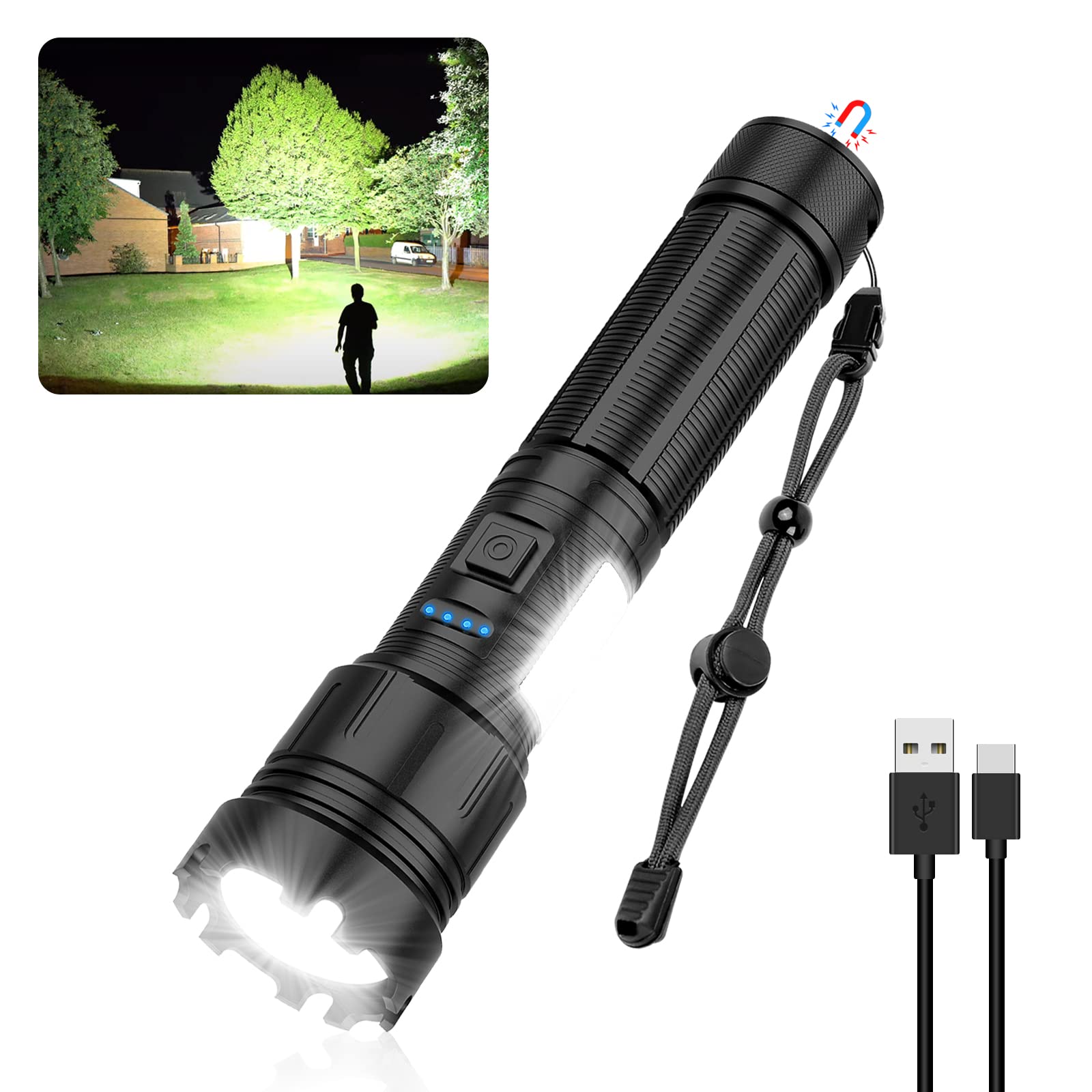 Magnetic Rechargeable Flashlight 10000 High Lumens, Super Bright LED Flash Light with COB Work Light, USB C, 7 Modes, Zoomable, 