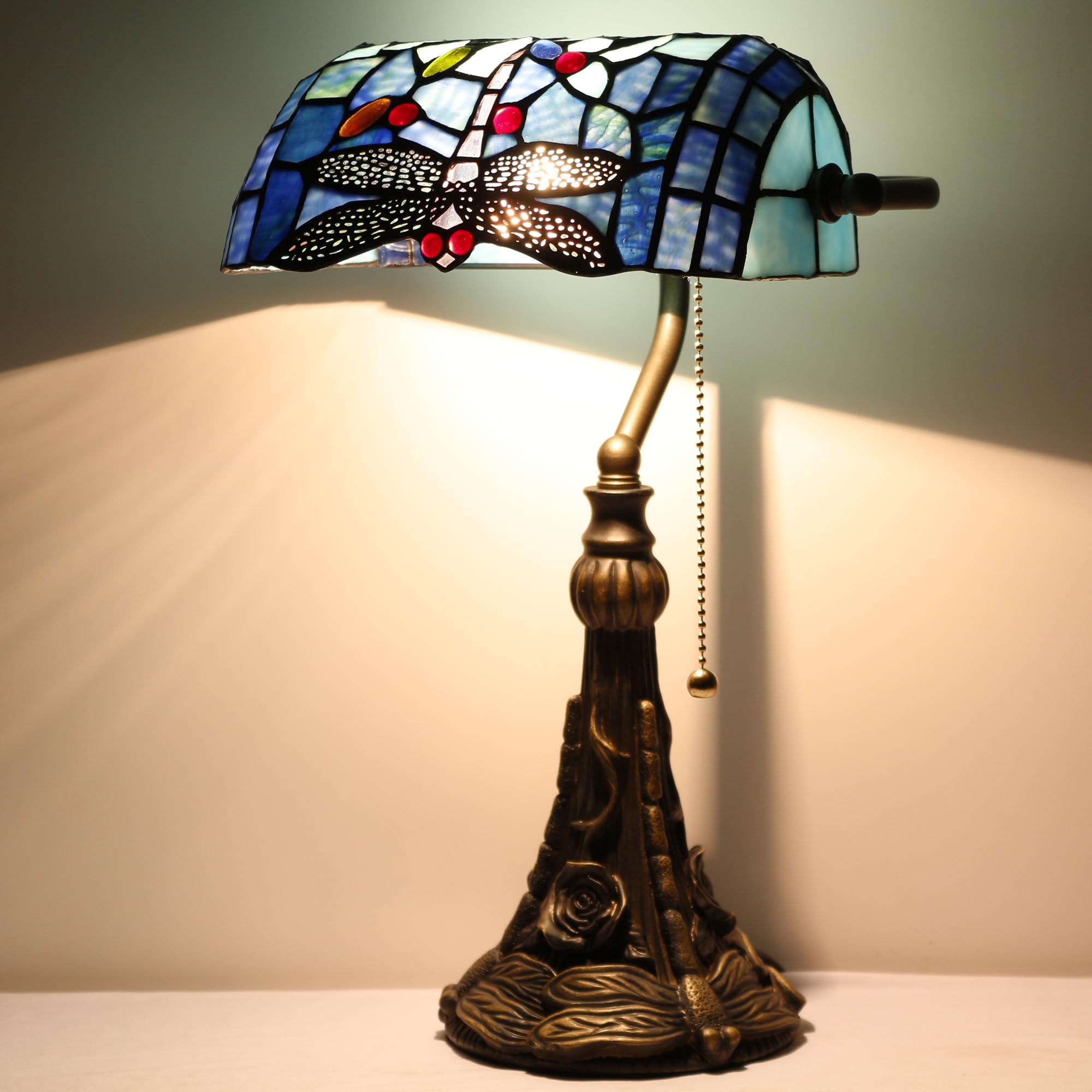 Tiffany Banker Lamp Small Stained Glass Table Lamp Tiffany Style Piano Light Navy Blue Dragonfly Style Desk Lamp Angle Adjustabl