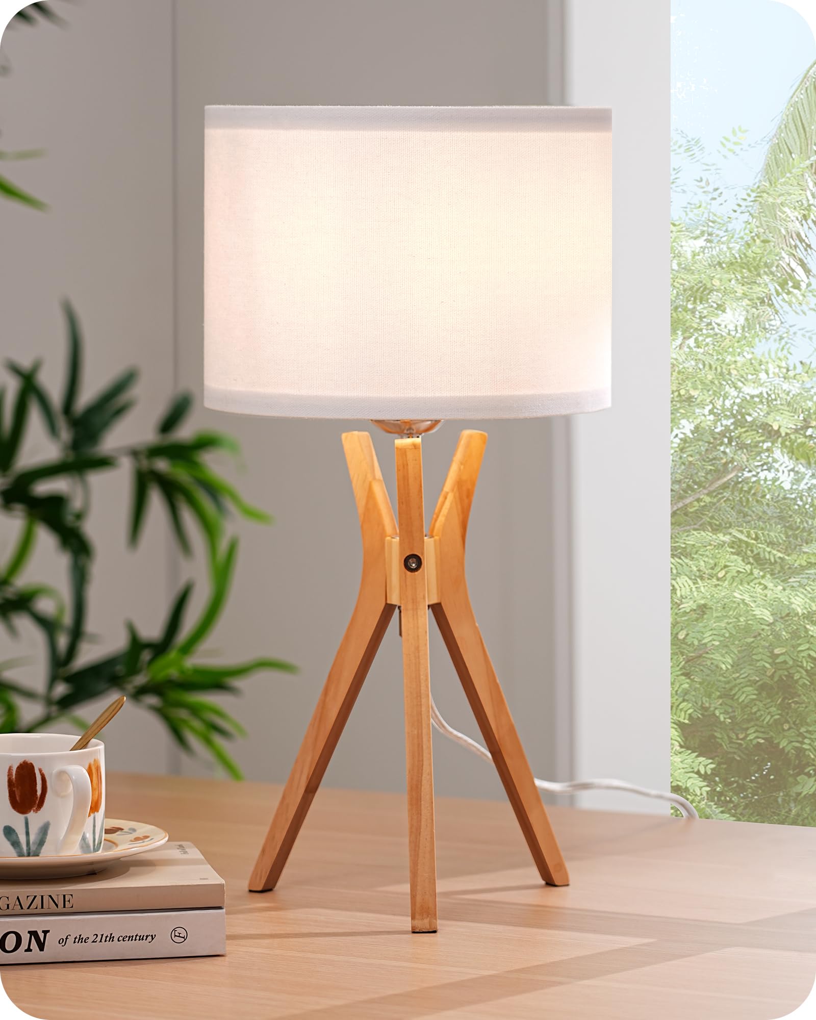 EDISHINE Modern Tripod Table Lamp, 17.5in, Wood Legs, White Linen Shade, E26 Base, Ideal for Bedroom and Living Room