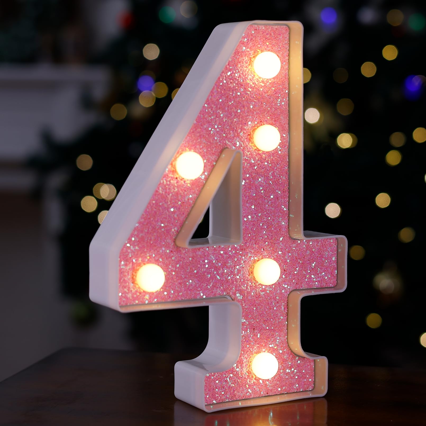 TRONSBOO LED Letter Light - Pink Glitter Marquee Number 4, Battery Powered, 6.26in x 8.58in x 1.57in, Plastic, Home Party Decoration