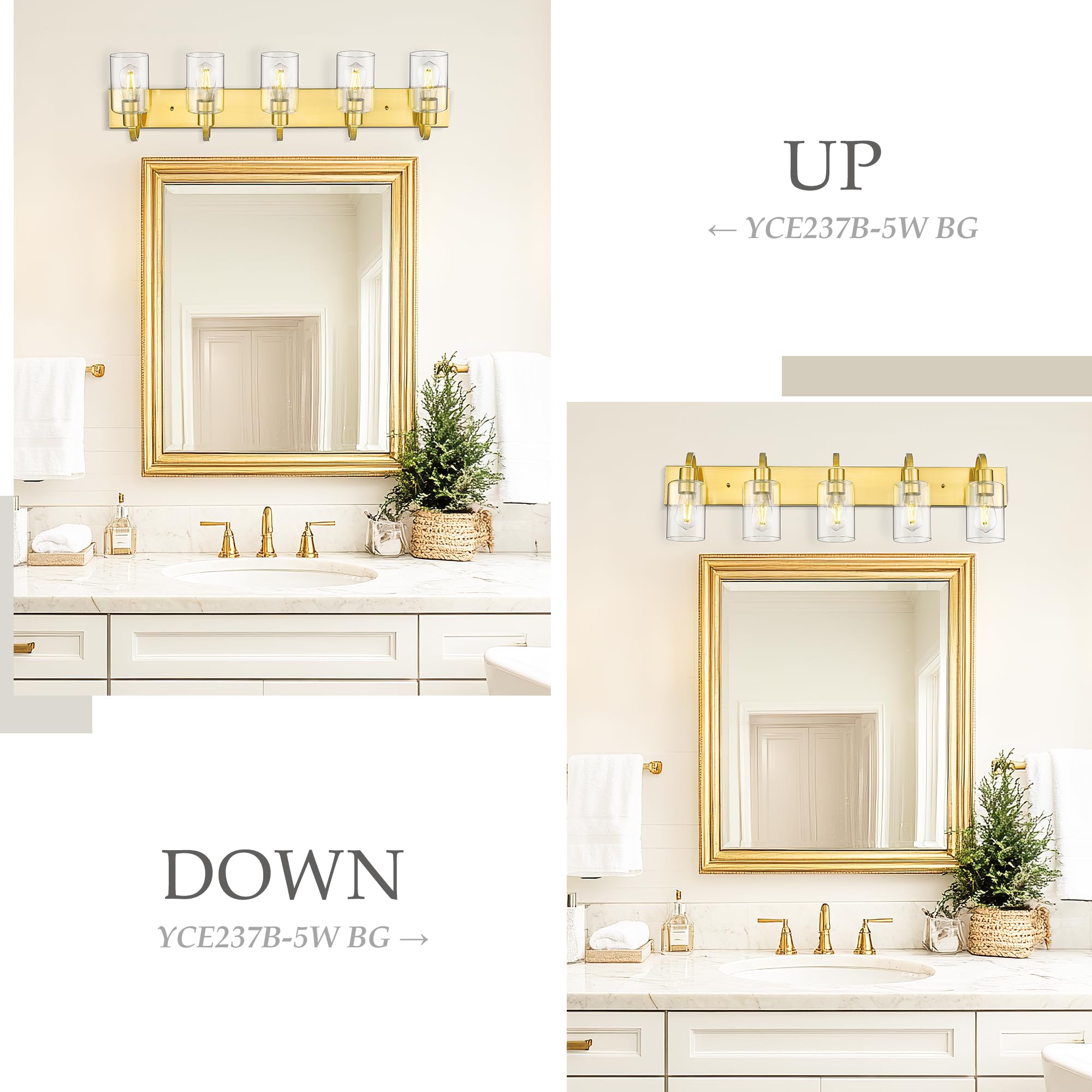 Emliviar 5-Light Vintage Vanity Lighting For Bathroom  37-Inch Wall Mount Light Fixture With Clear Glass Shade  Brushed Gold Finish  Yce237B-5W Bg