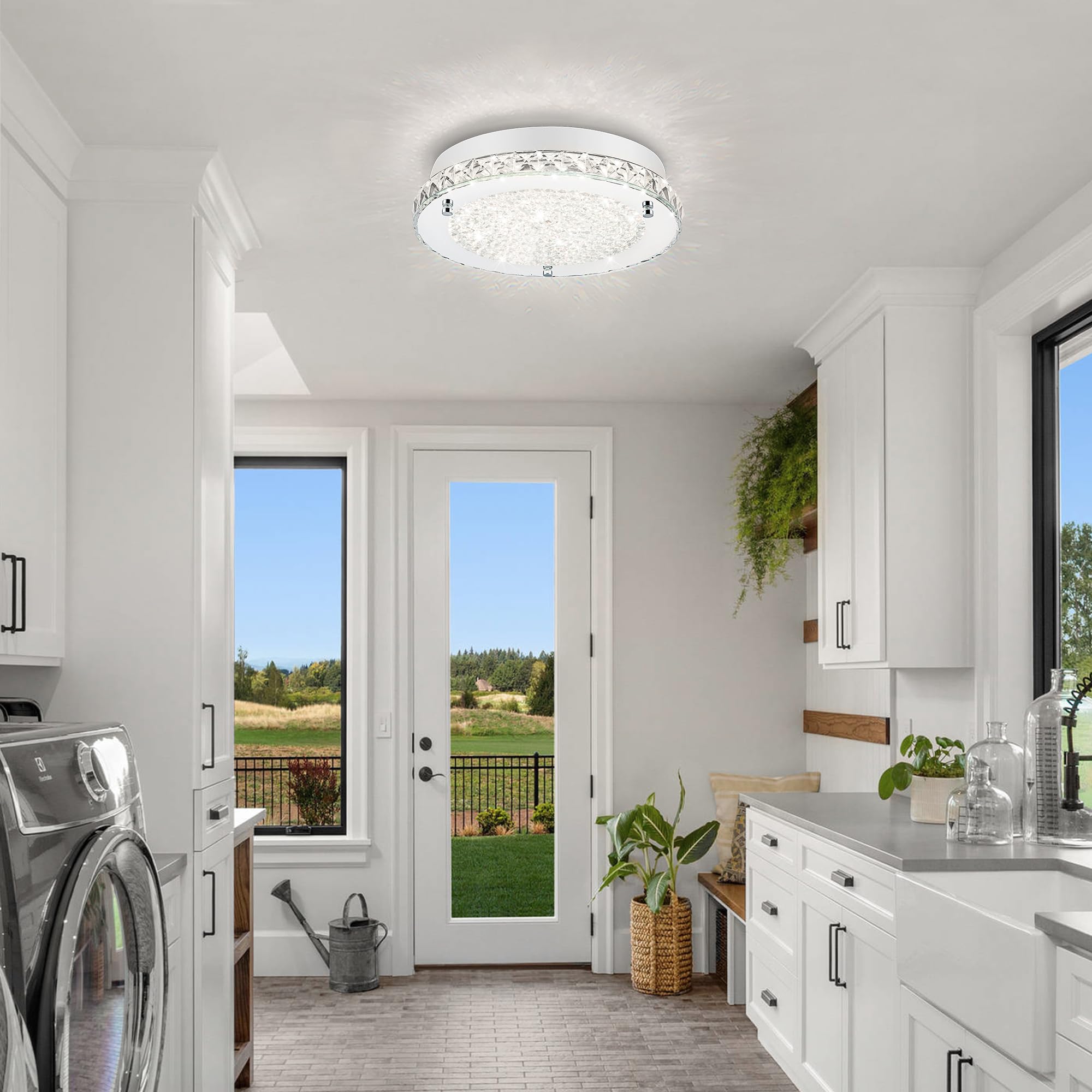 Lzawvm Crystal Ceiling Light Fixture LED Dimmable 24W 13 Inch Glass 4000K for Kitchen Bedroom Bathroom Living Room