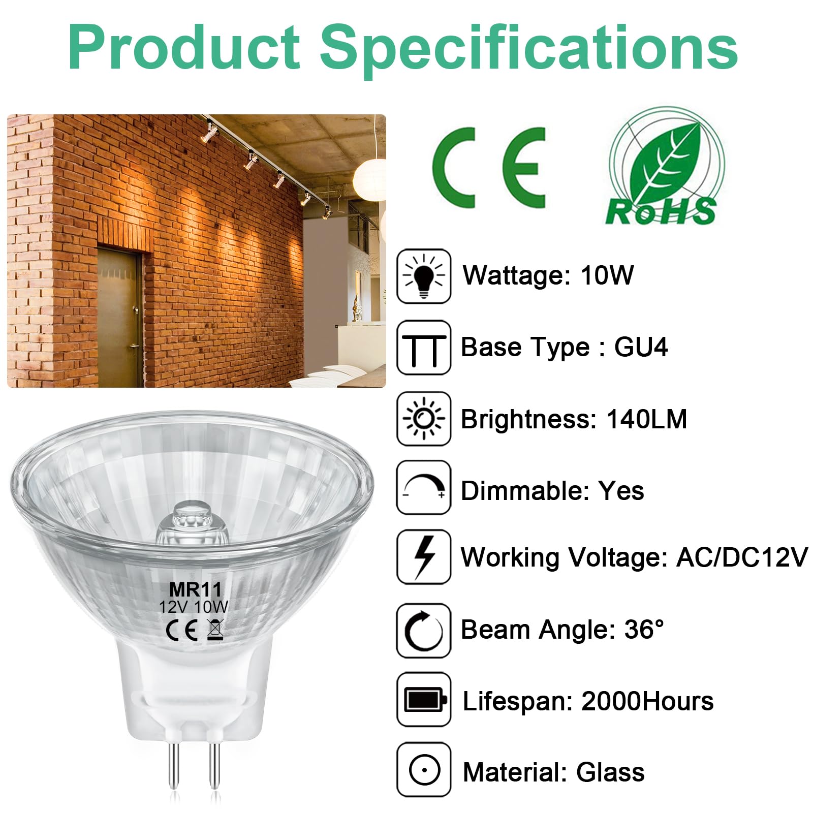 Mr11 Light Bulbs, 12V 10W Halogen Light Bulbs 2 Pin, Ftd Spotlight Bulb, Gu4 Bi-Pin Base, Dimmable, 2700K Warm White, 2 Prong Li