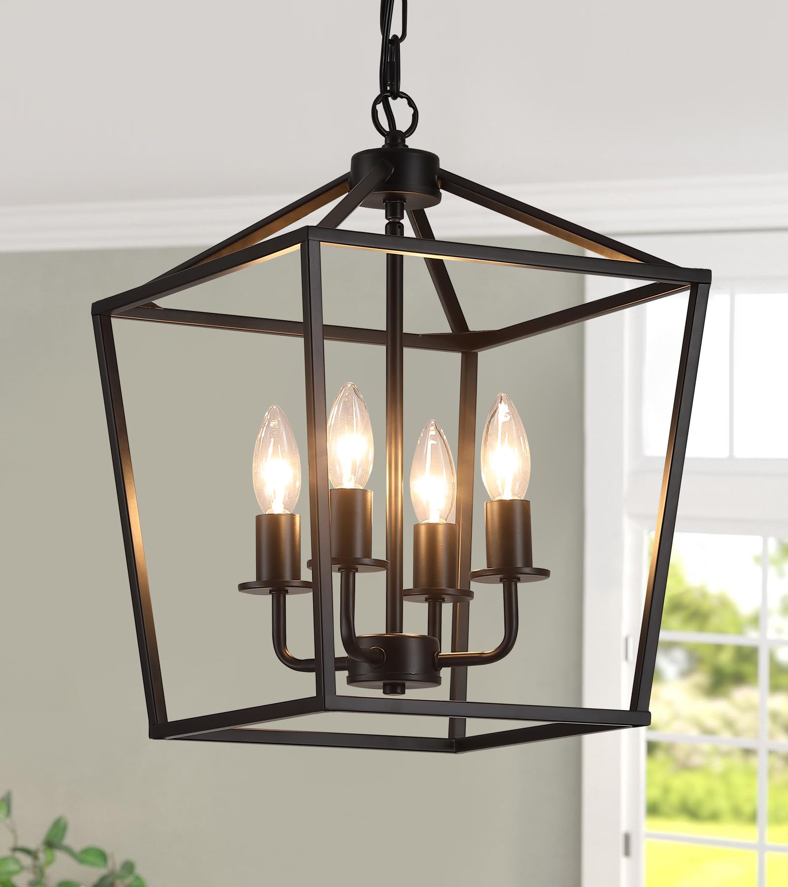 AMZASA UL Listed Black Industrial 4 Light Lantern Chandelier Ceiling Light Fixtures Farmhouse Metal Cage Rustic Geometric Pendan
