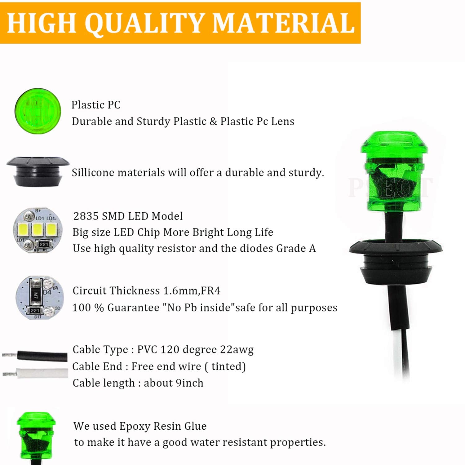 PSEQT LED Round Boat Interior Deck Light, Waterproof, 1in  x 1in  x 0.83in , Green, Model PSEQTXA005G, 10 Pcs