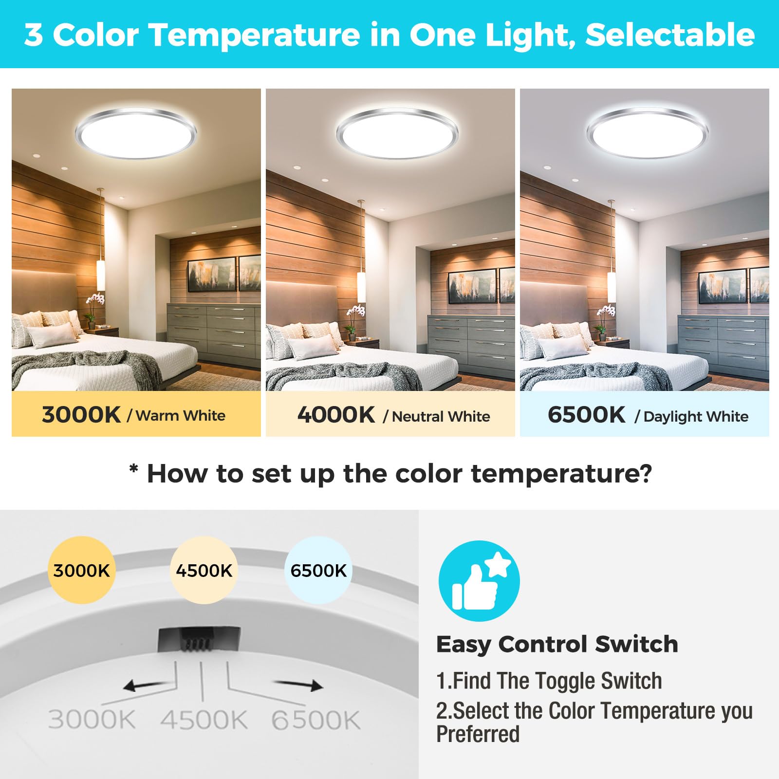 Libtit 3Pack Led Ceiling Light 13Inch, 24W 2400Lm Bright Light Fixture Brushed Nickel, Adjustable 3000K/4500K/6000K, Modern Slim