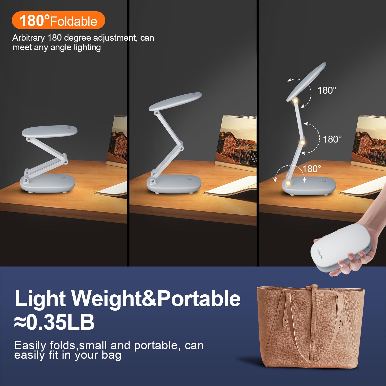 Akejrym Led Desk Lamp For Office Home & Battery Operated Lamp Rechargeable Lamp Foldable & Portable Light, [2-Fold Bracket] 3 Brightness Dimmable Small Desk Lamp Wireless Reading Lamp (White)
