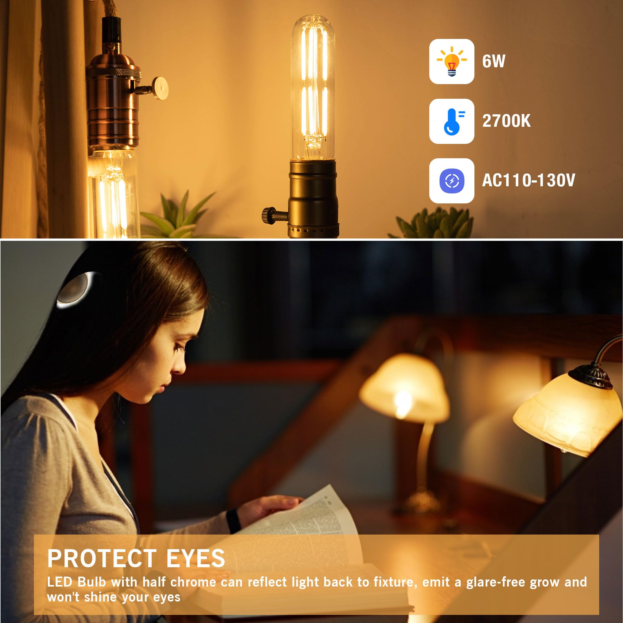 PADMO LUDAZ Dimmable E26 T10 LED Bulb 6W Warm White 2700K 600LM 5 Inch 6 Pack