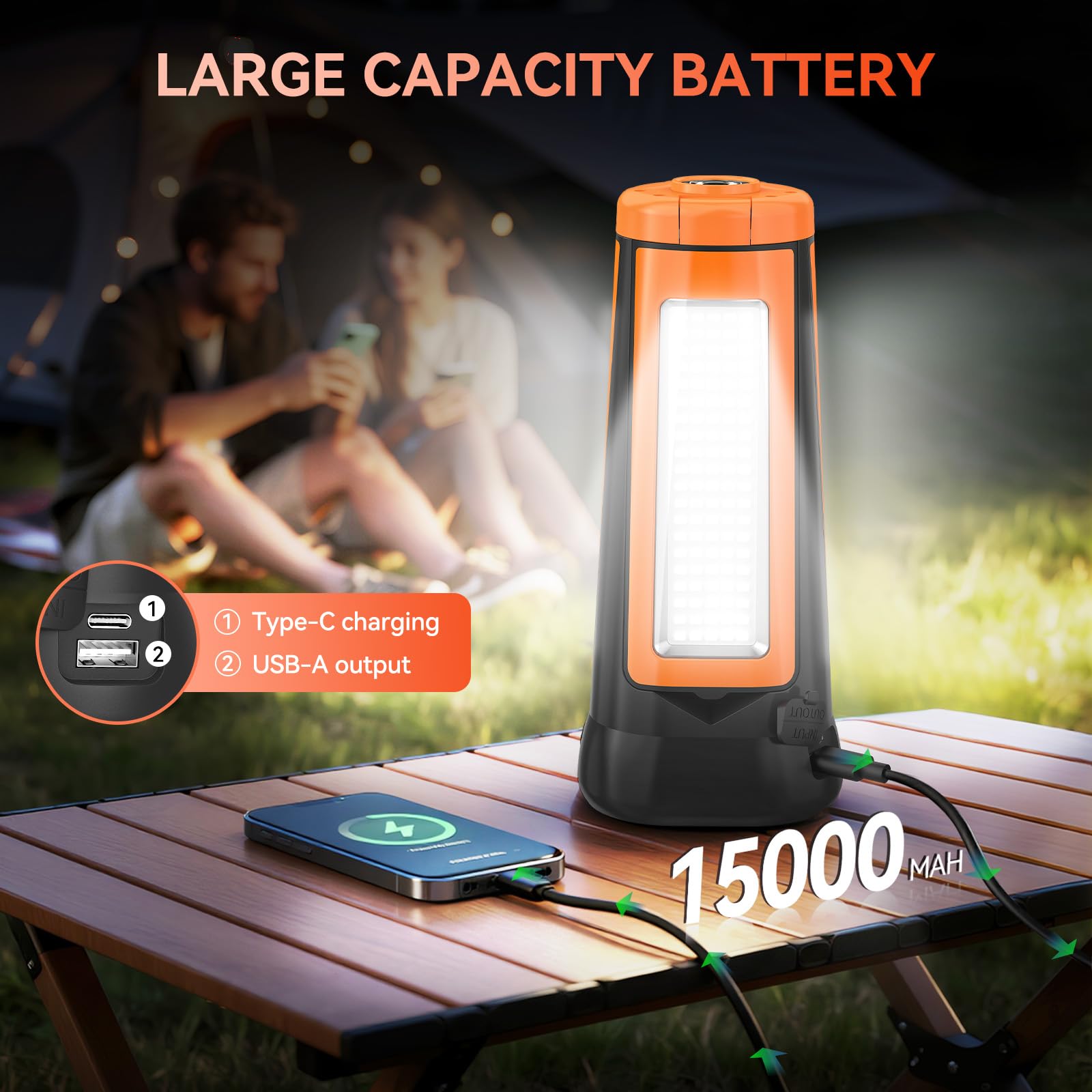 AKOFUN Rechargeable Camping Light with Stand, 15000 mAh Cordless Work Light with 3 LED Lamp Heads, 5500 Lumens Dimmable Camping