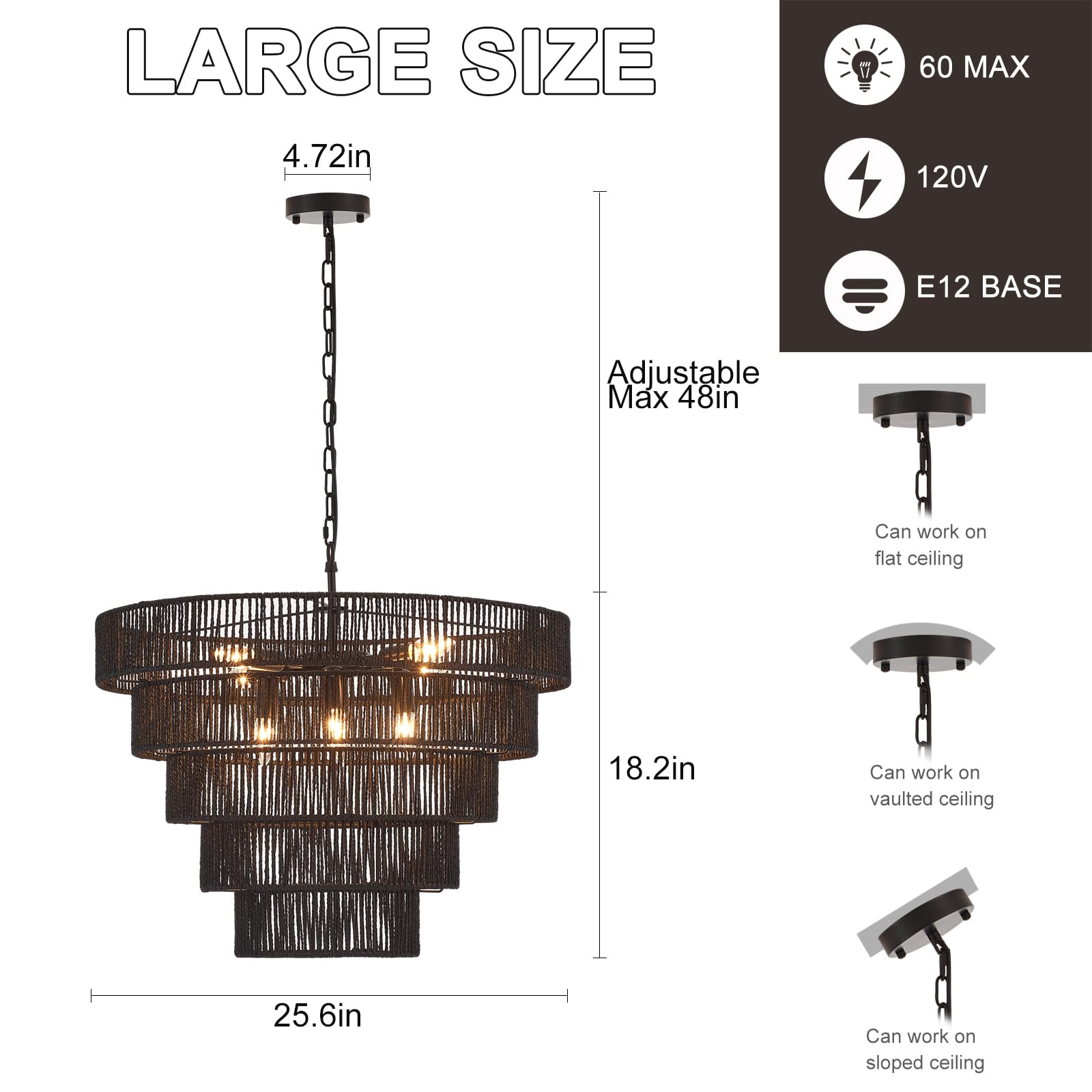 Yomecoo 25.6'' Large Black Rattan Chandelier Farmhouse 8-Lights Boho Hand Woven Bamboo Black Chandeliers Light Fixture Rustic Dr