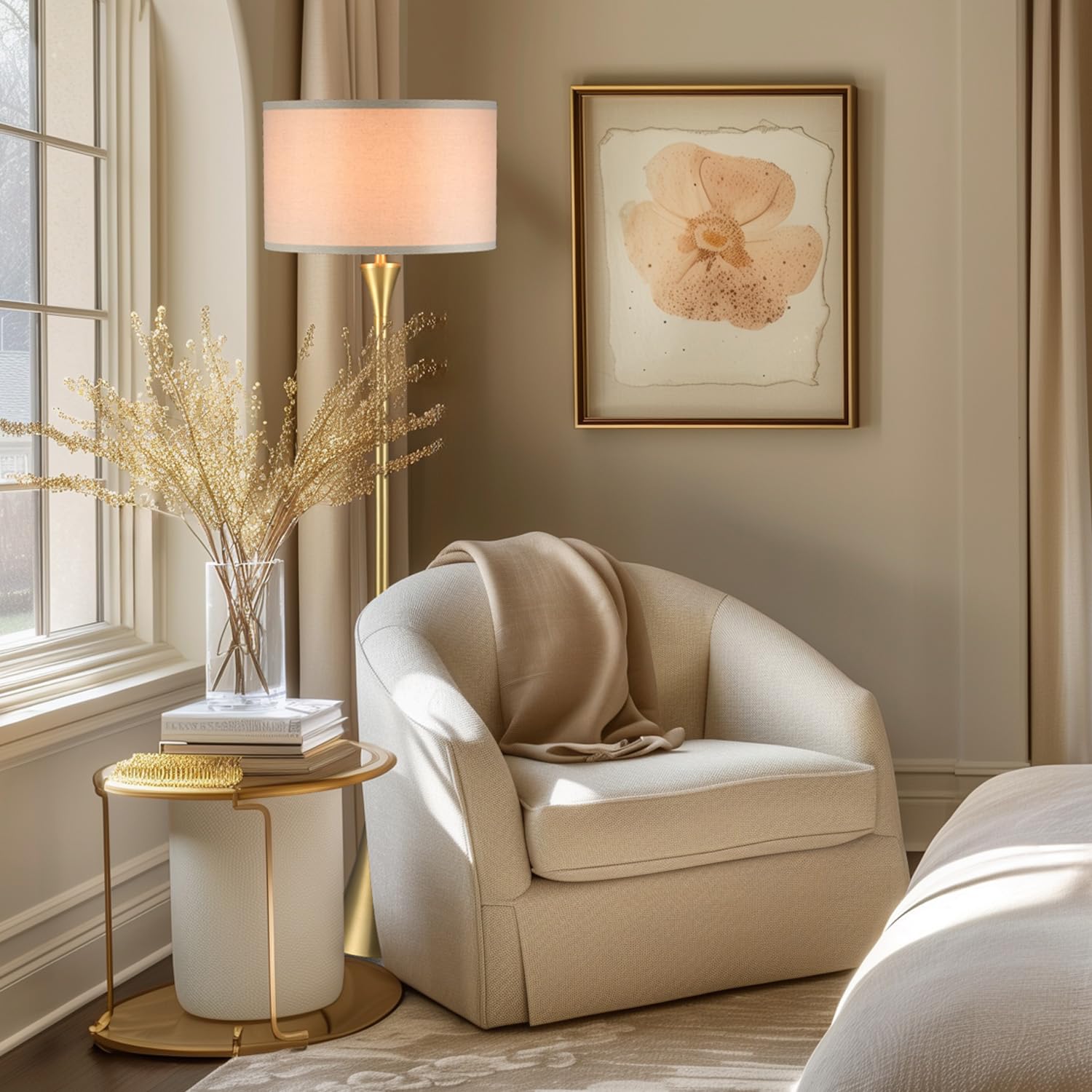 Globe 61000150 60'' Floor Lamp, Antique Brass Finish, Beige Fabric Shade, Mid-Century Modern Standing Lamp, E26 Base, Sustainabl
