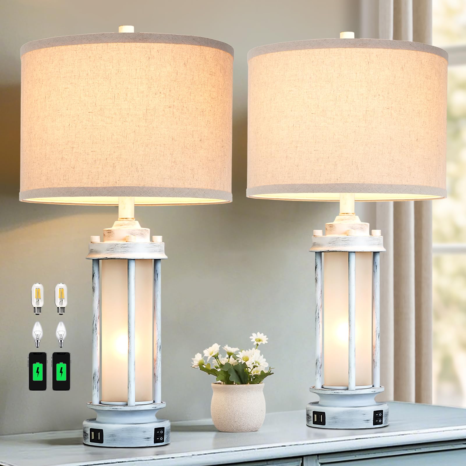AIEAMPDO Rustic Table Lamps Set of 2, Vintage Nightstand Lamps with USB Ports, Antique White, 25in - Model VAR-8882-XFH