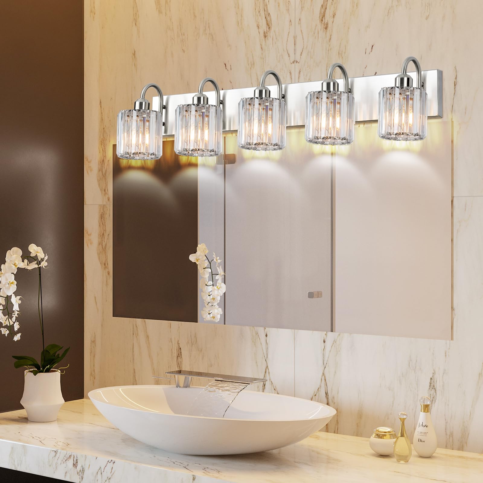 Valytime 5 Light Bathroom Vanity Light, Brushed Nickel, Stainless Steel and Crystal, Over Mirror Fixture