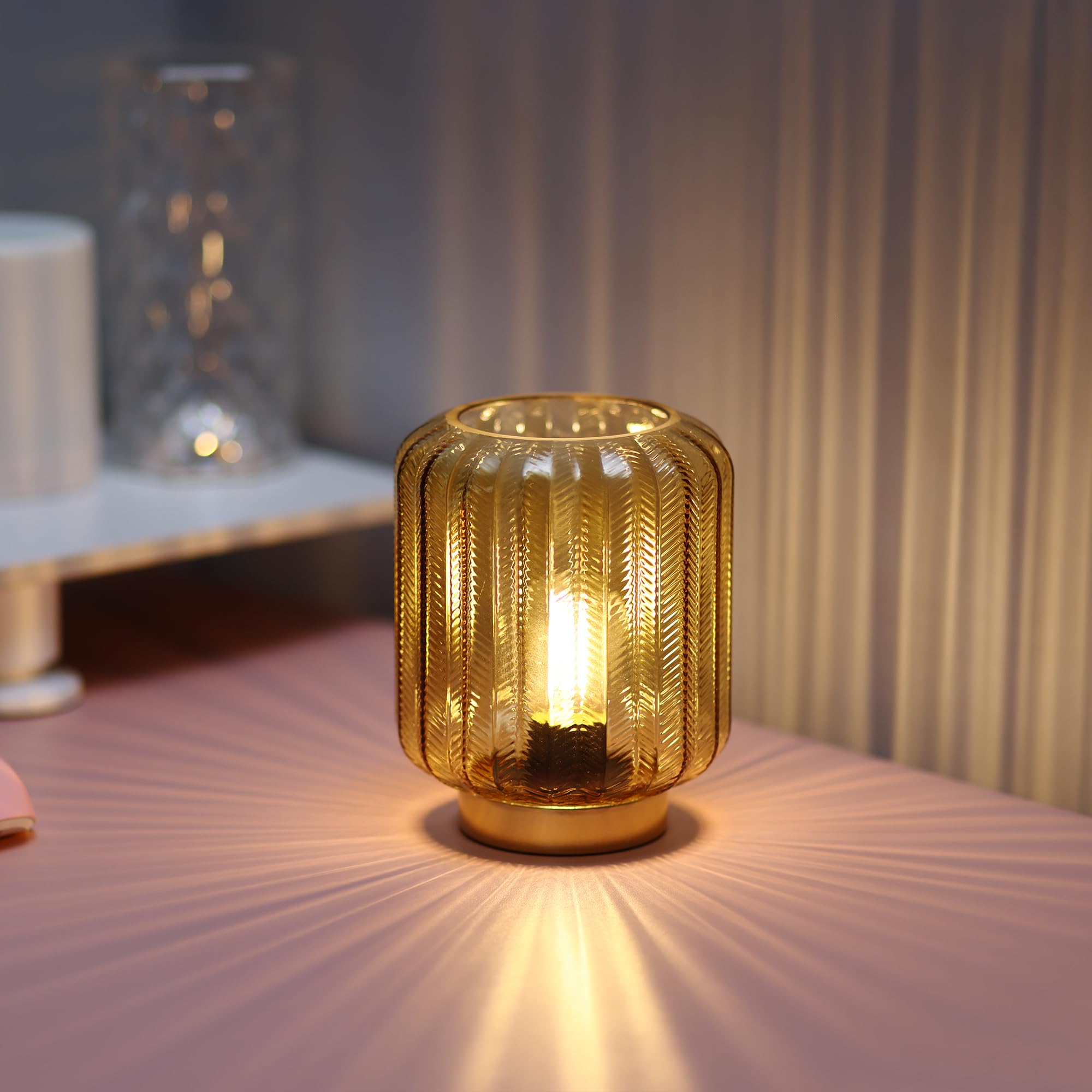 Wesjo Battery Operated Lamp, Modern Table Lamp Cordless Bedside Lamps, Glass Battery Powered Lamp With Led Bulb Decorative Battery Operated Lamps For Living Room Bedroom Desk Home (Gold)