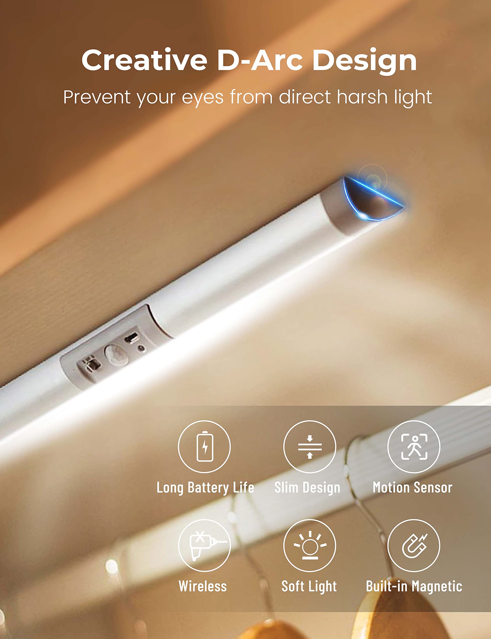 Automatic Motion Sensor Closet Lights With Eye-Protection Design Closet Lighting, Led Rechargeable Cabinet Light Battery Operated Wardrobe Light For Wireless Pantry Sink (80Lumen, 6000K 80+Cri)