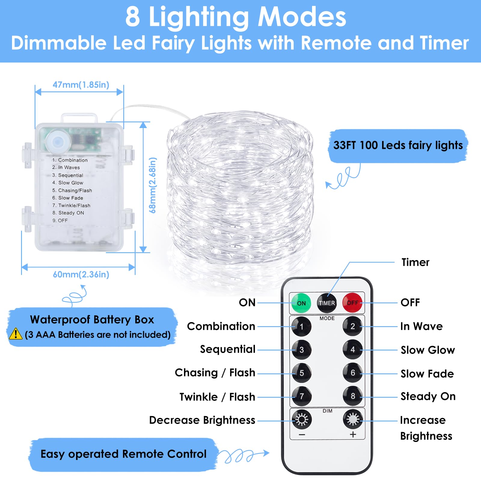 Mlambert 6 Pack 33Ft Fairy Lights Battery Operated With Remote And Timer, Waterproof Dimmable 8 Modes Lights For Classroom Backyard Party-Cool White
