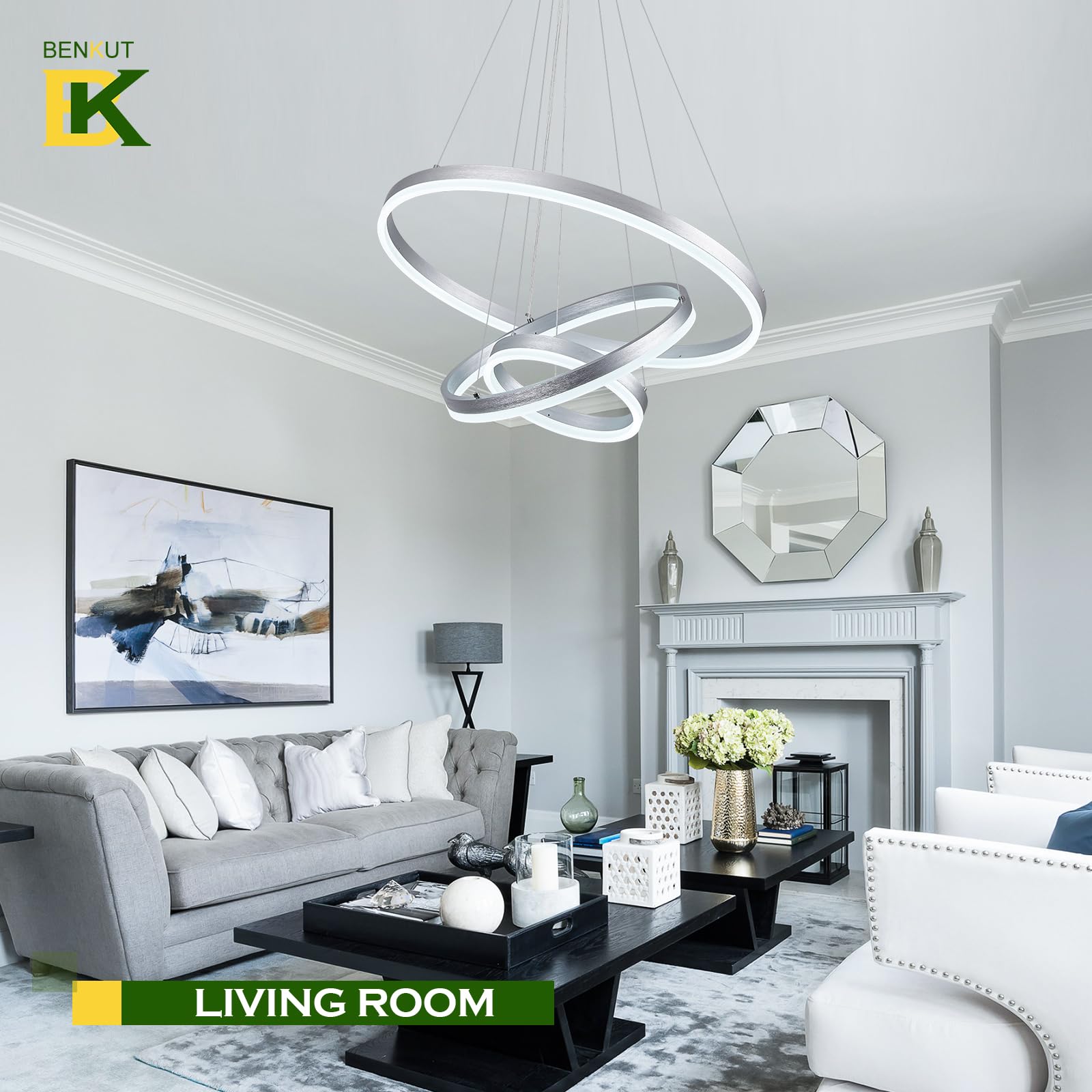 Benkut 3-Rings D23.6 Modern Led Chandelier Silver Dimmable Pendant Lighting With Remote Control Circular Flush Mount High Ceiling Light For Dining Room Living Room Bedroom Entrance Foyer, 3000K-6500K