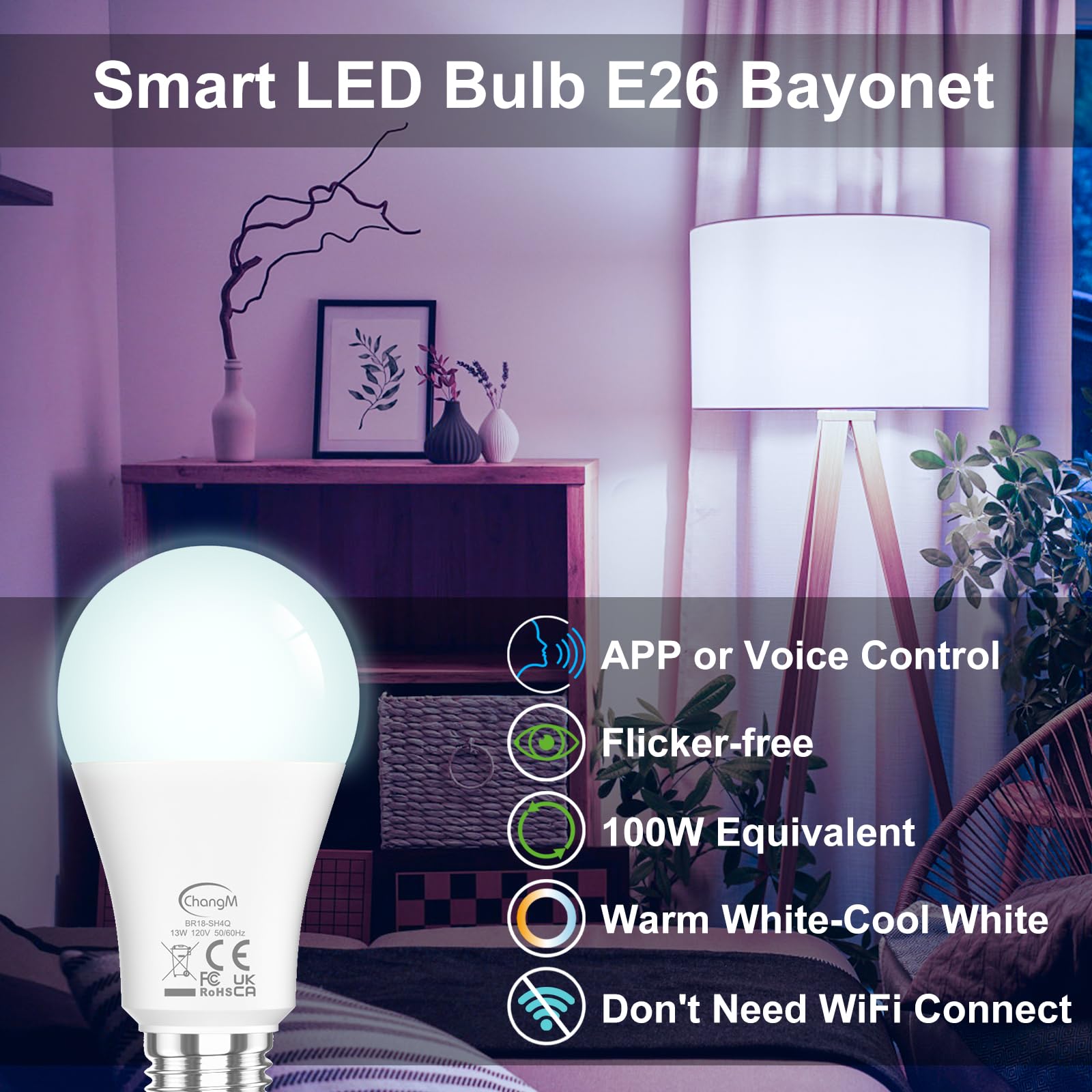 Smart Light Bulbs 13W E26 Smart Led Light Bulb Compatible With Alexa Warm White To White A19 App Control Bulb Bluetooth Mesh 4 P