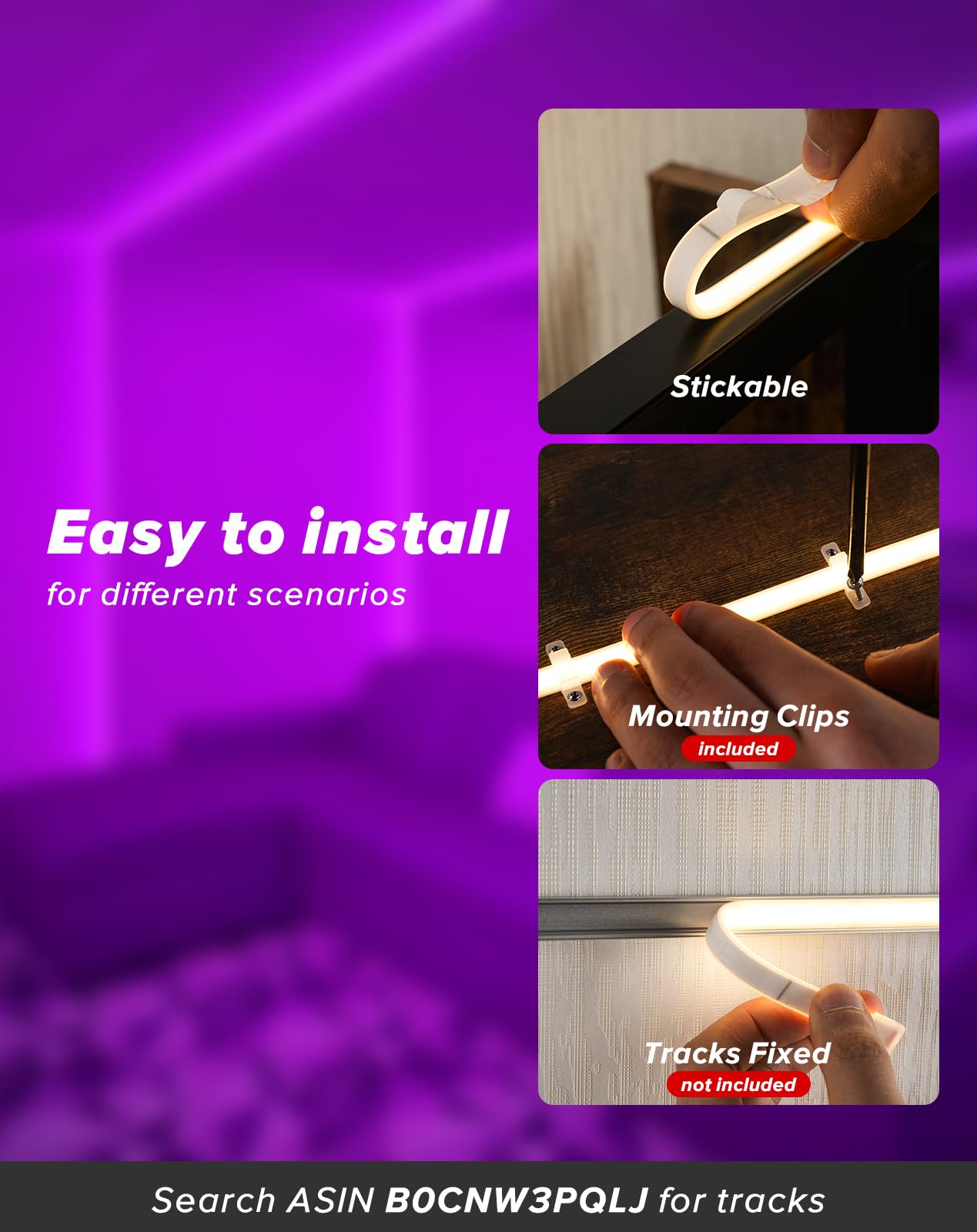 Shine Decor Cob Led Rope Light Ac 120V  800Lm Ultra Bright  Ip65 Waterproof Cold-Resistant Etl Neon Strip  No Driver Tape Lighting For Home Commercial 10X4.5Mm  Purple  50Ft