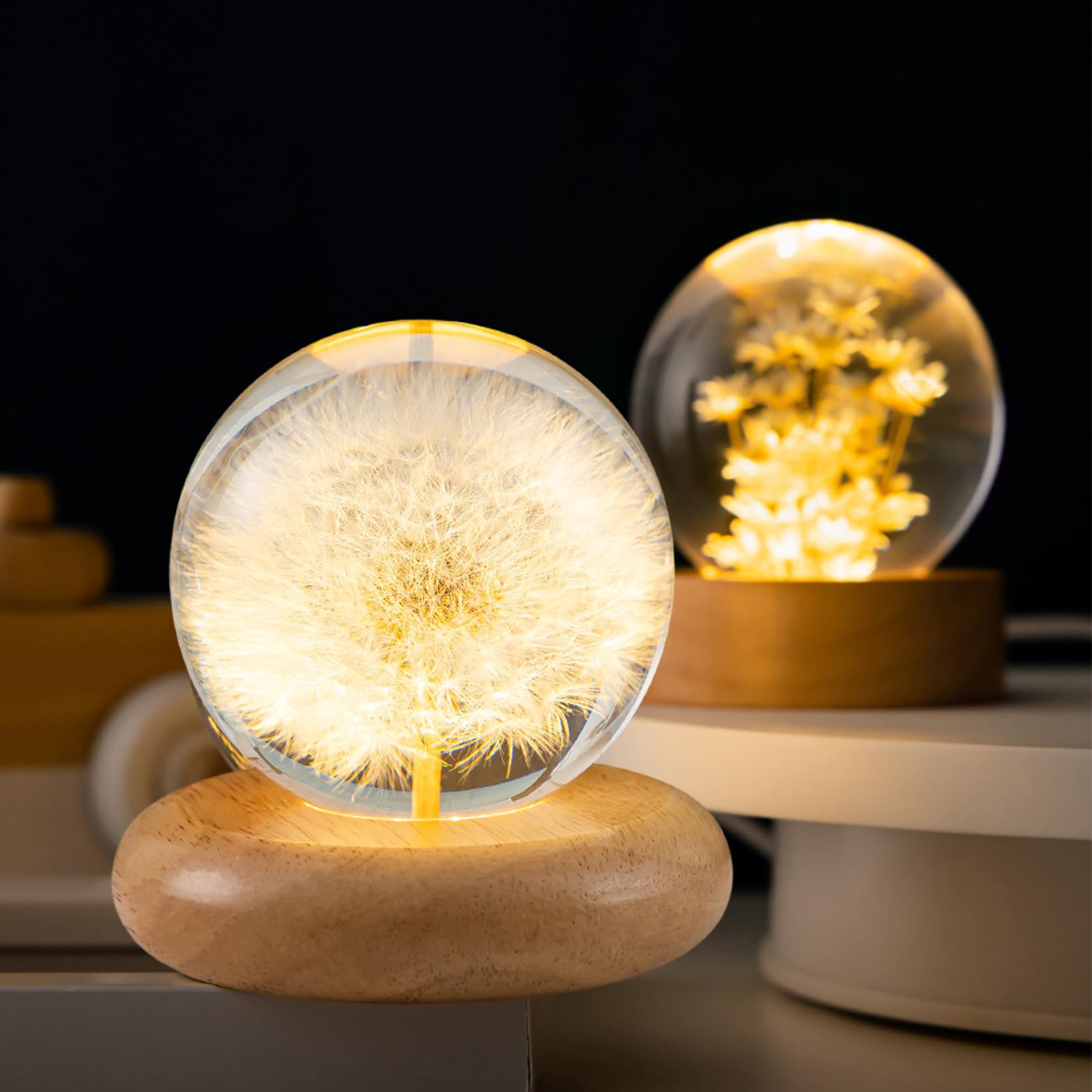 Pletmin Dandelion Ball Night Light, 2.76 Inch Ball Night Lamp With Wooden Base, Fall Decorations For Home Gift For Dad, Mom,Teac