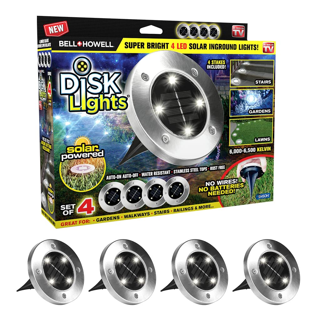 Bell+Howell Disk Lights Solar Ground Lights -Wireless Auto On/Off Solar Pathway Garden Outdoor Lighting With 4 Led Bulbs For Law