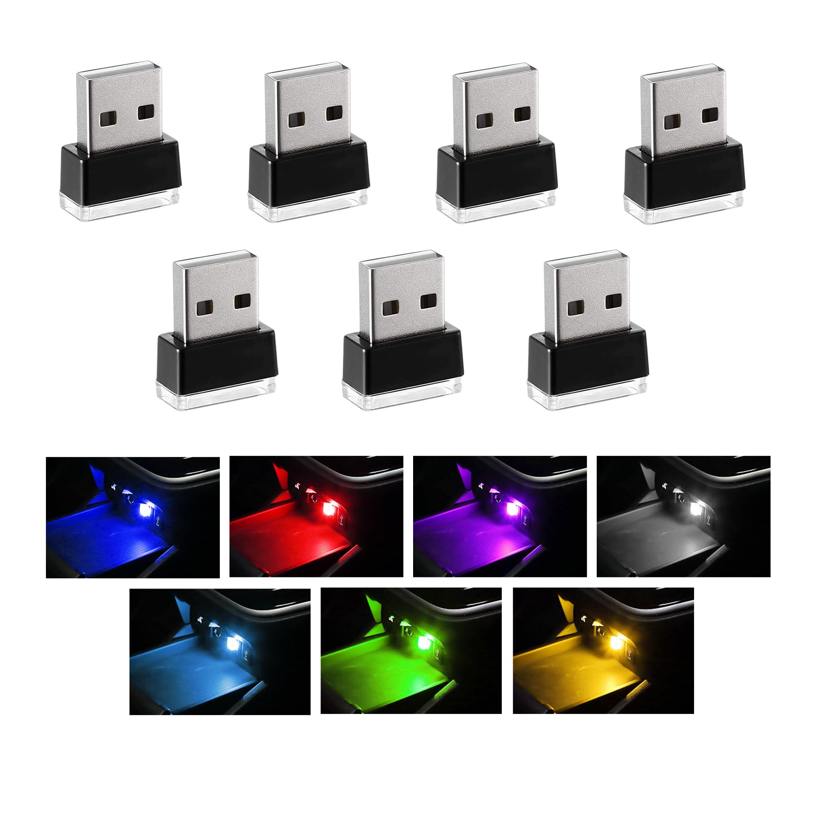 Sylvil 7 Pcs Usb Led Car Interior Atmosphere Lamp  Portable Mini Led Night Light  Plug-In Usb Interface Trunk Ambient Lighting Kit  Universal Interior Car Accessories (Multicolor)