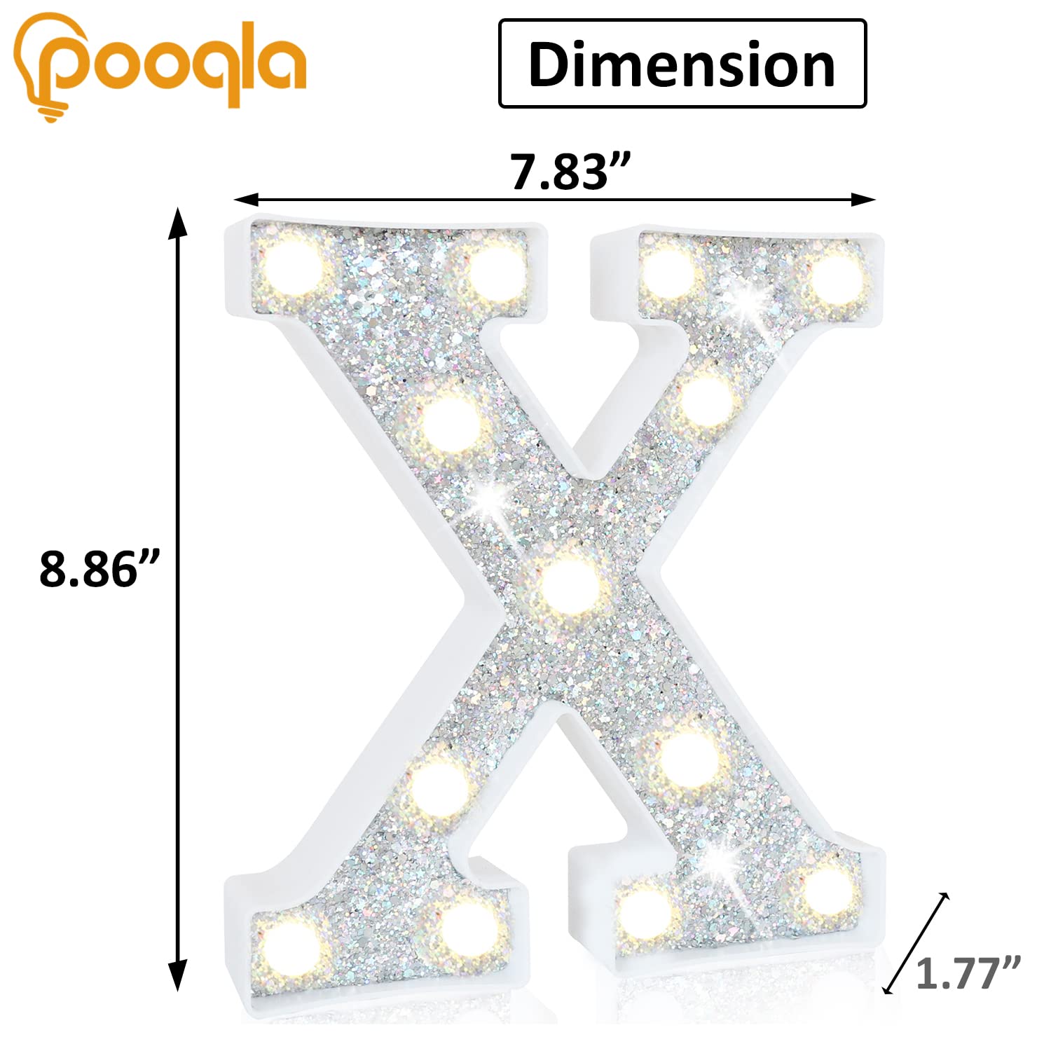 Pooqla LED Marquee Letter Light Sign, Battery Powered, Sequin Silver, Alphabet X for Parties and Decorations