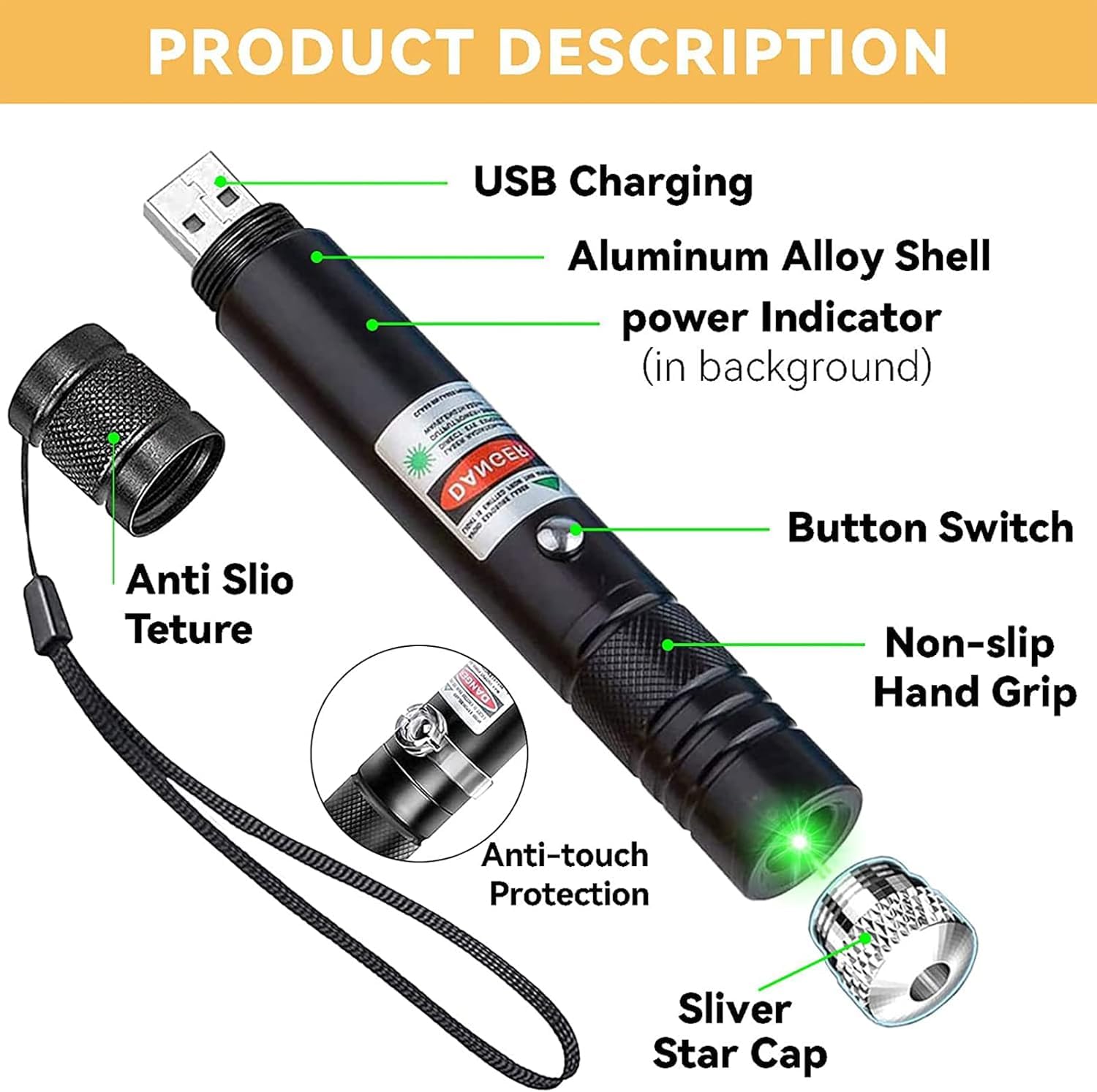 IVVTRYI Tactical Green Beam Laser Pointer Flashlight, Rechargeable, Adjustable Focus, Aluminum, Model 9127, Silver
