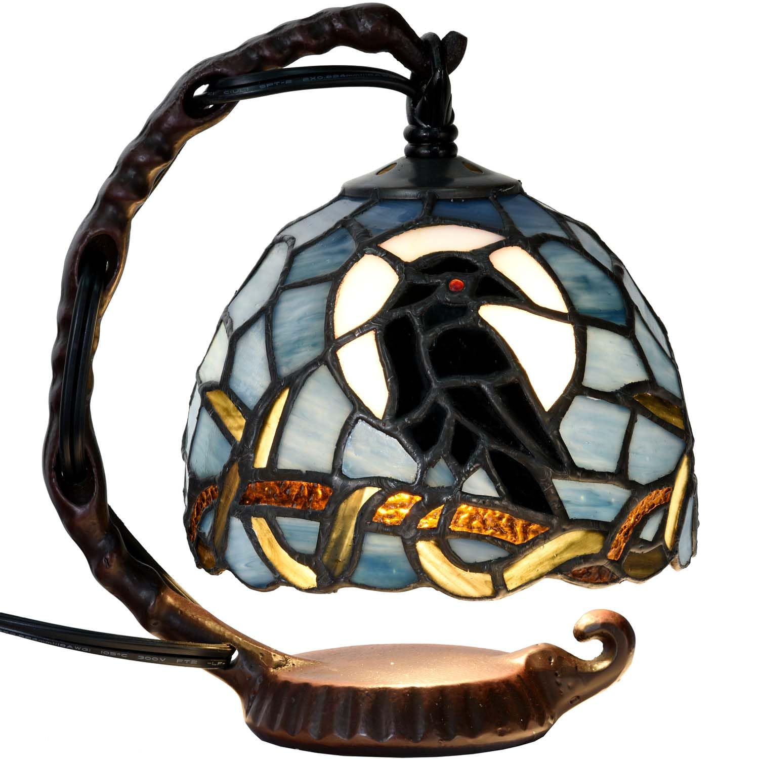 Bieye L12011 Raven Sitting on Bare Tree Branch in Full Moon Night Tiffany Style Stained Glass Table Lamp for Home Decor (Dark Bl