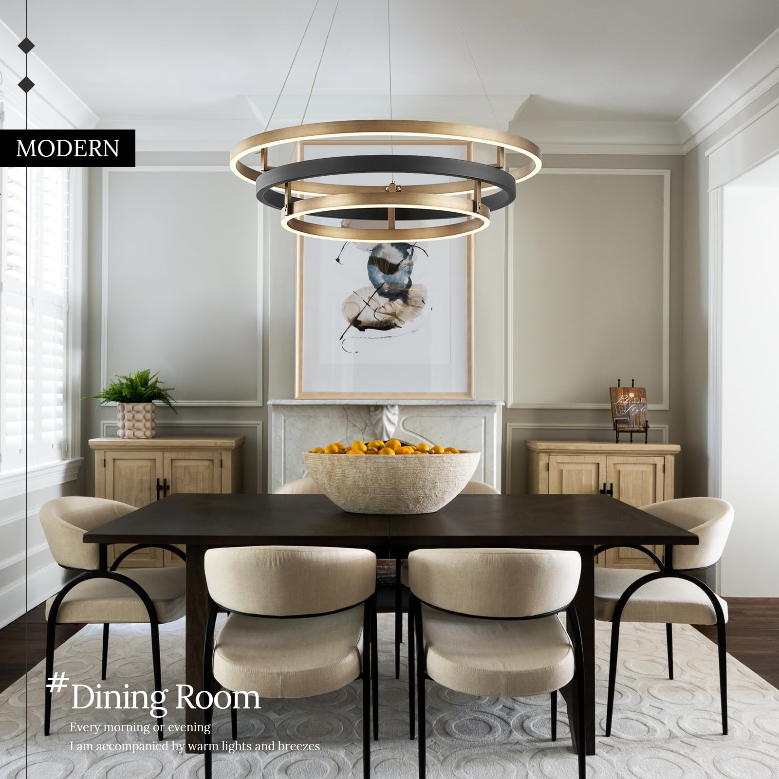 CaraLuxe LED 3-Ring Chandelier Light Fixture, Dimmable, 24in, Black Gold, Model 1004BG for Dining Room, Entry, Bedroom, Living Room