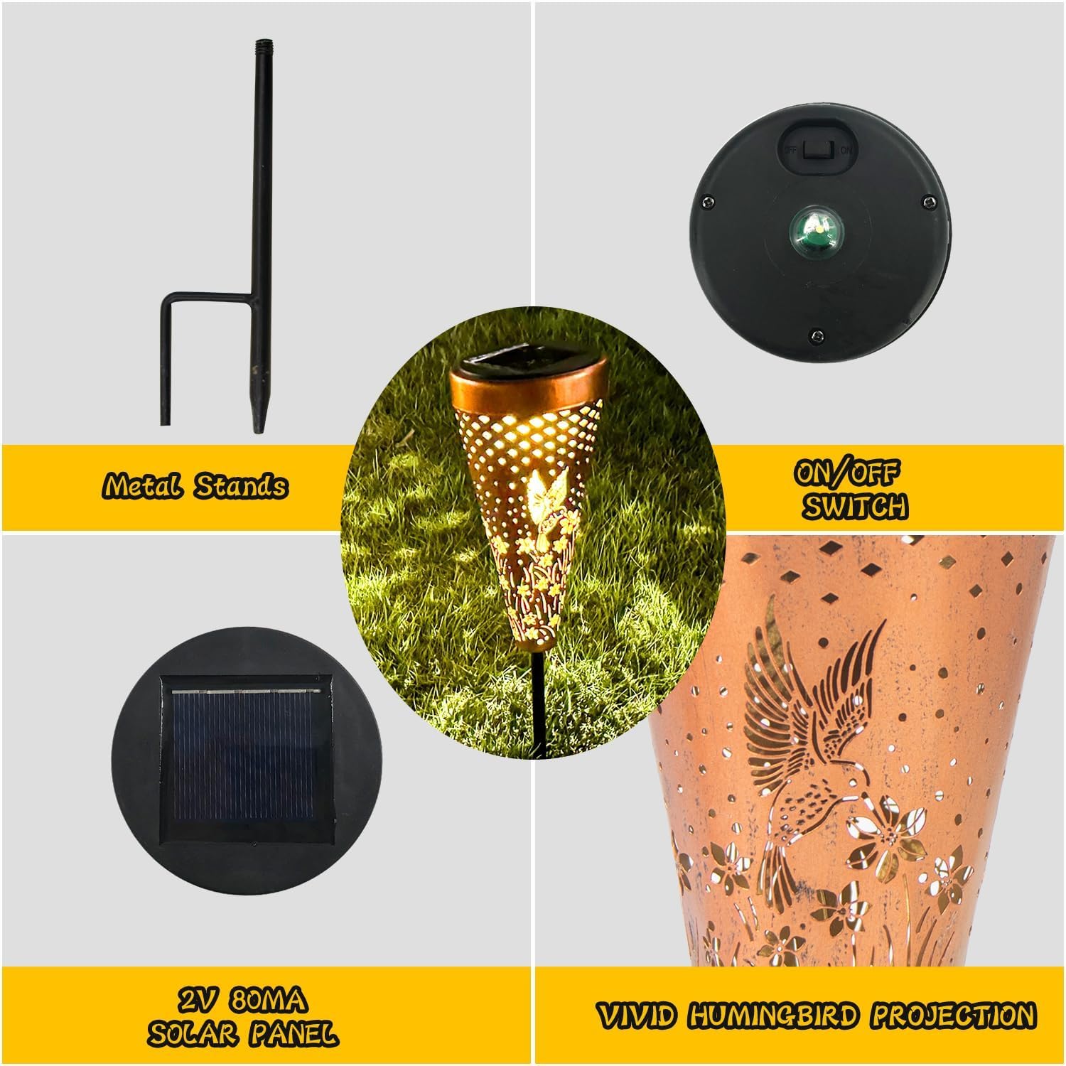 Dibieecn 4 Pack Hummingbird Solar Pathway Lights Outdoor,Metal Garden Decorations Outdoor Lights With Patterns And Warm Light,Wa