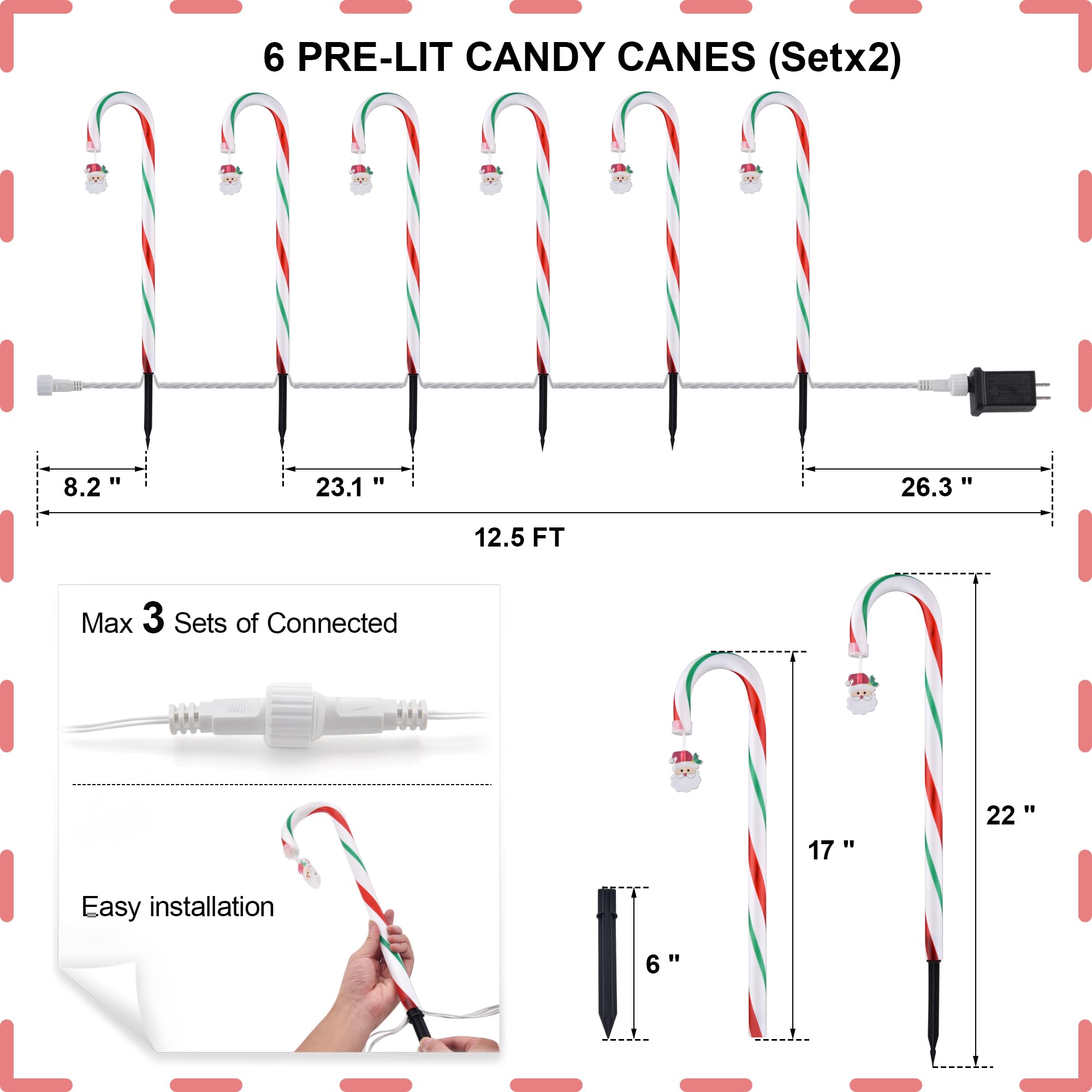 Vcoken Christmas Candy Cane Pathway Lights - 12 Pack 22'' Christmas Candy Cane Markers Lights, Connectable & Light Up Xmas Candy