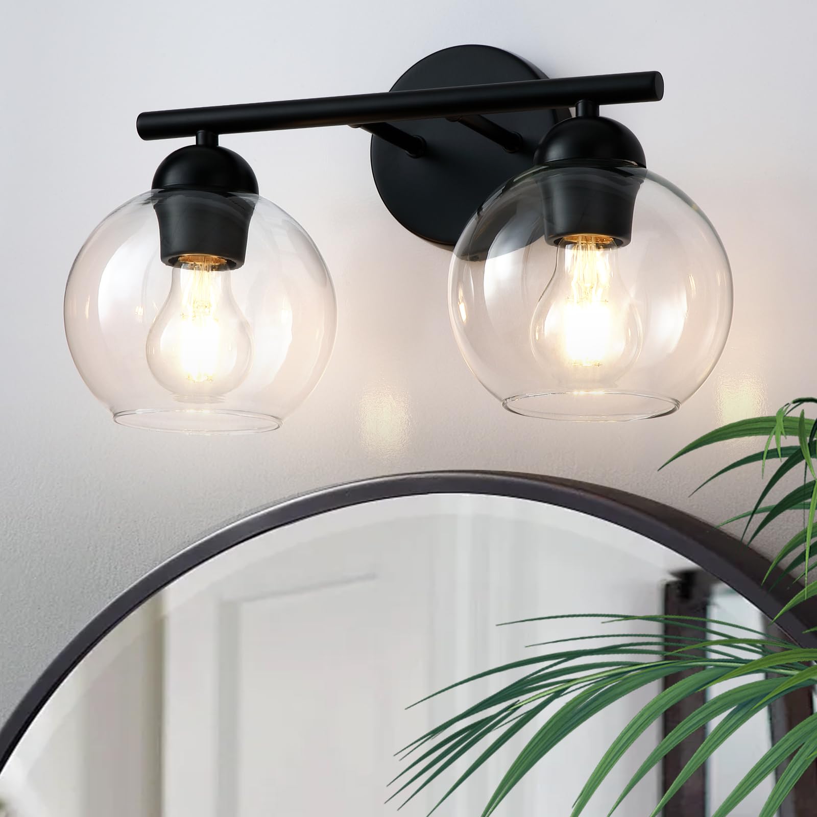 Wynterhaven Black Bathroom Light Fixtures  2 Light Bathroom Vanity Light with Globe Glass Shades  Modern Farmhouse Vanity Lights Over Mirror  Matte Black Wall Lights for Bedroom Restroom  E26 Socket