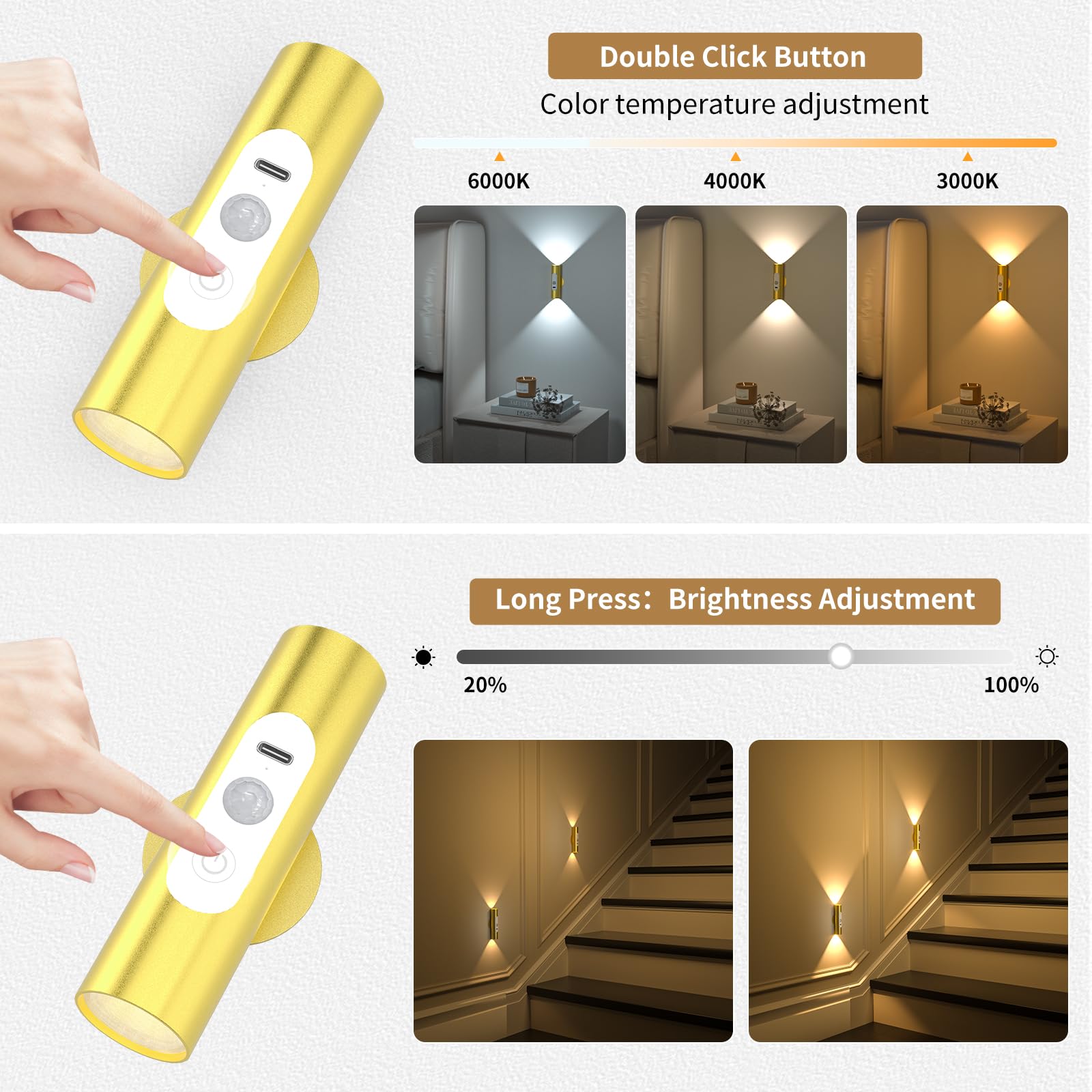 WOBSION Motion Sensor Wall Light, Rechargeable, 3 Color Modes, Aluminum, Gold, 2 Pack, f1.18*4.37in, Model CL-K67-B