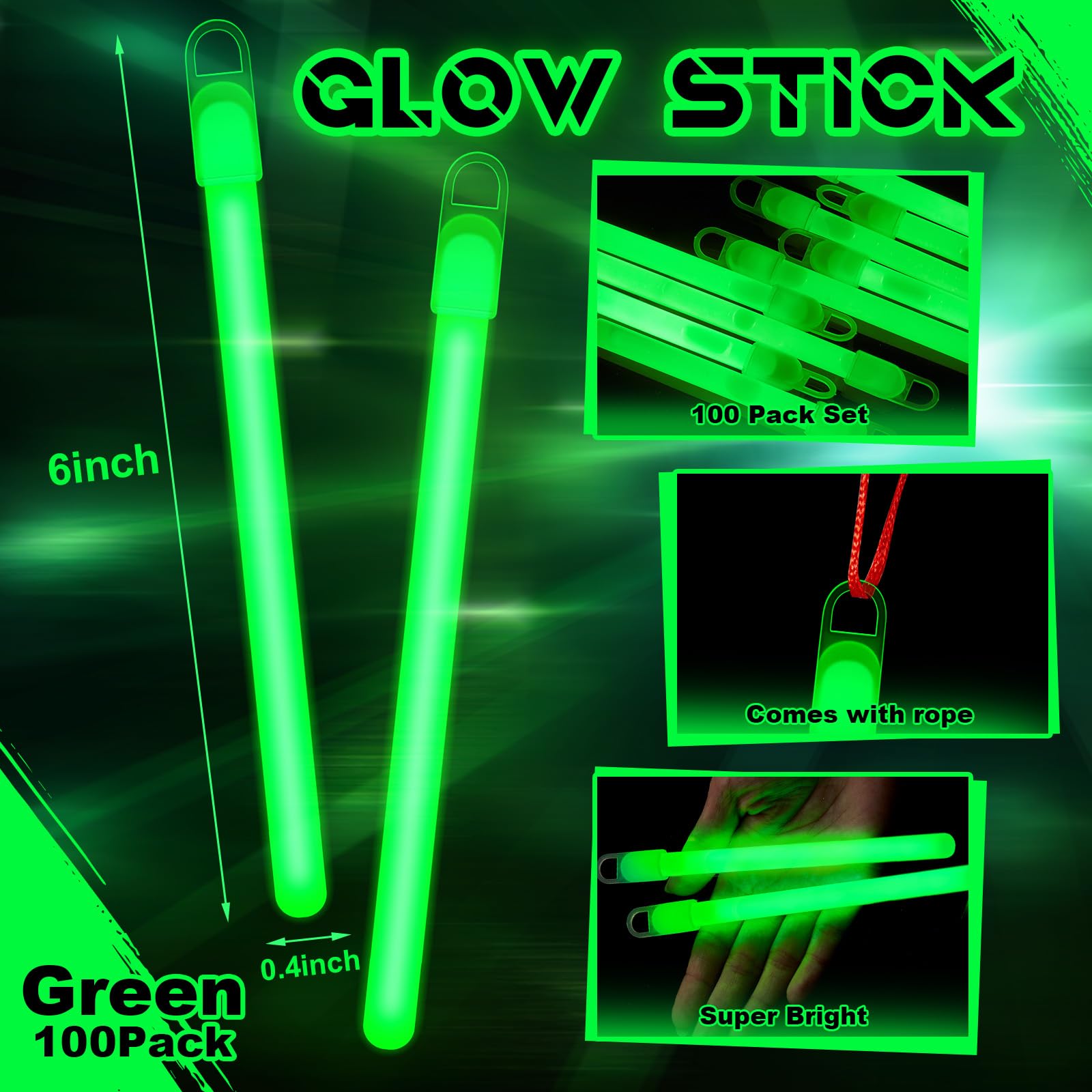 Lewtemi Glow Sticks Bulk, 100 Pack, Green, 6 Inch, Fluorescent Rods, Perfect for Parties and Holidays, Model OB-Lewtemi-3011