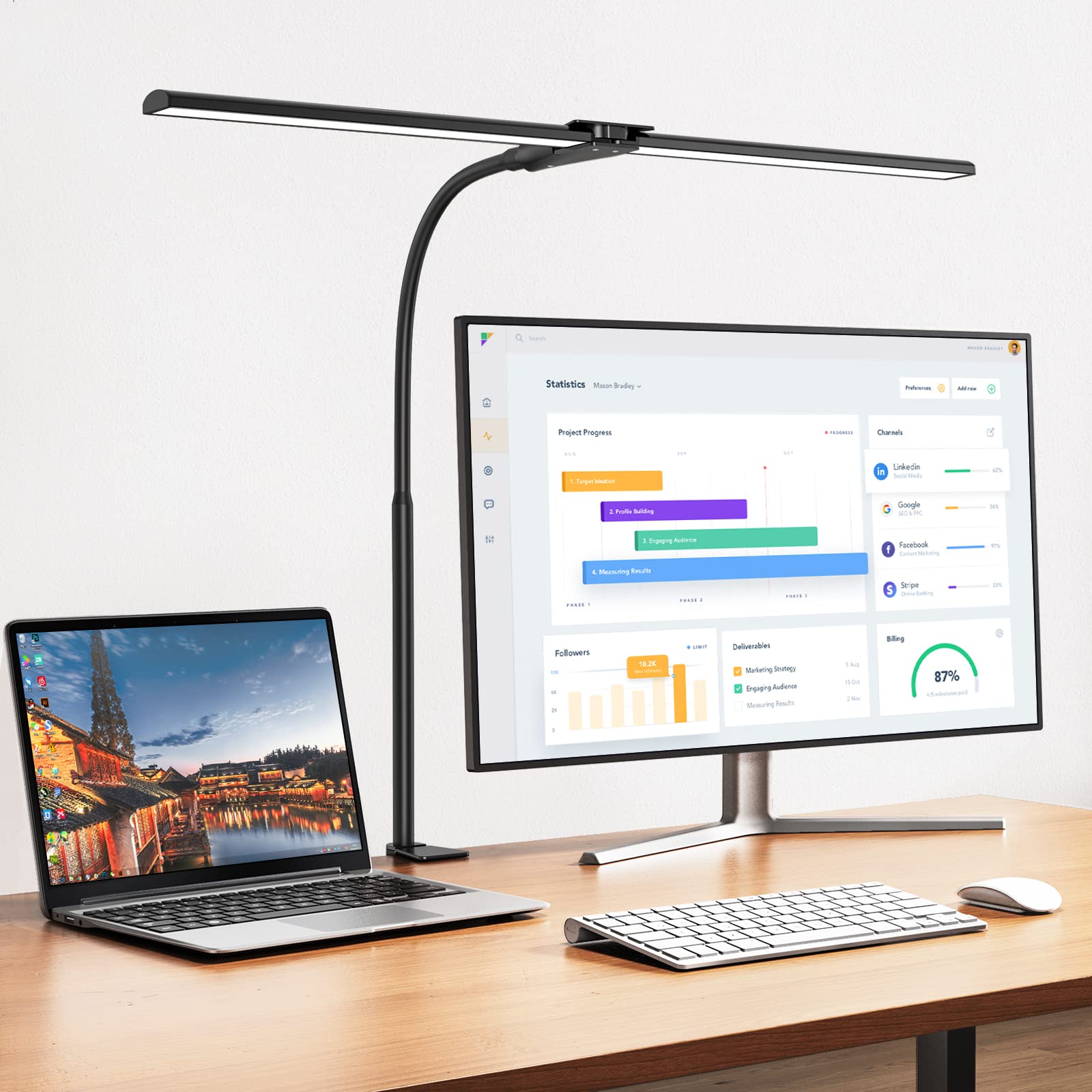 EppieBasic LED Desk Lamp, Double Head Architect Light, 1200LM, Eye Protection, Black, Aluminum
