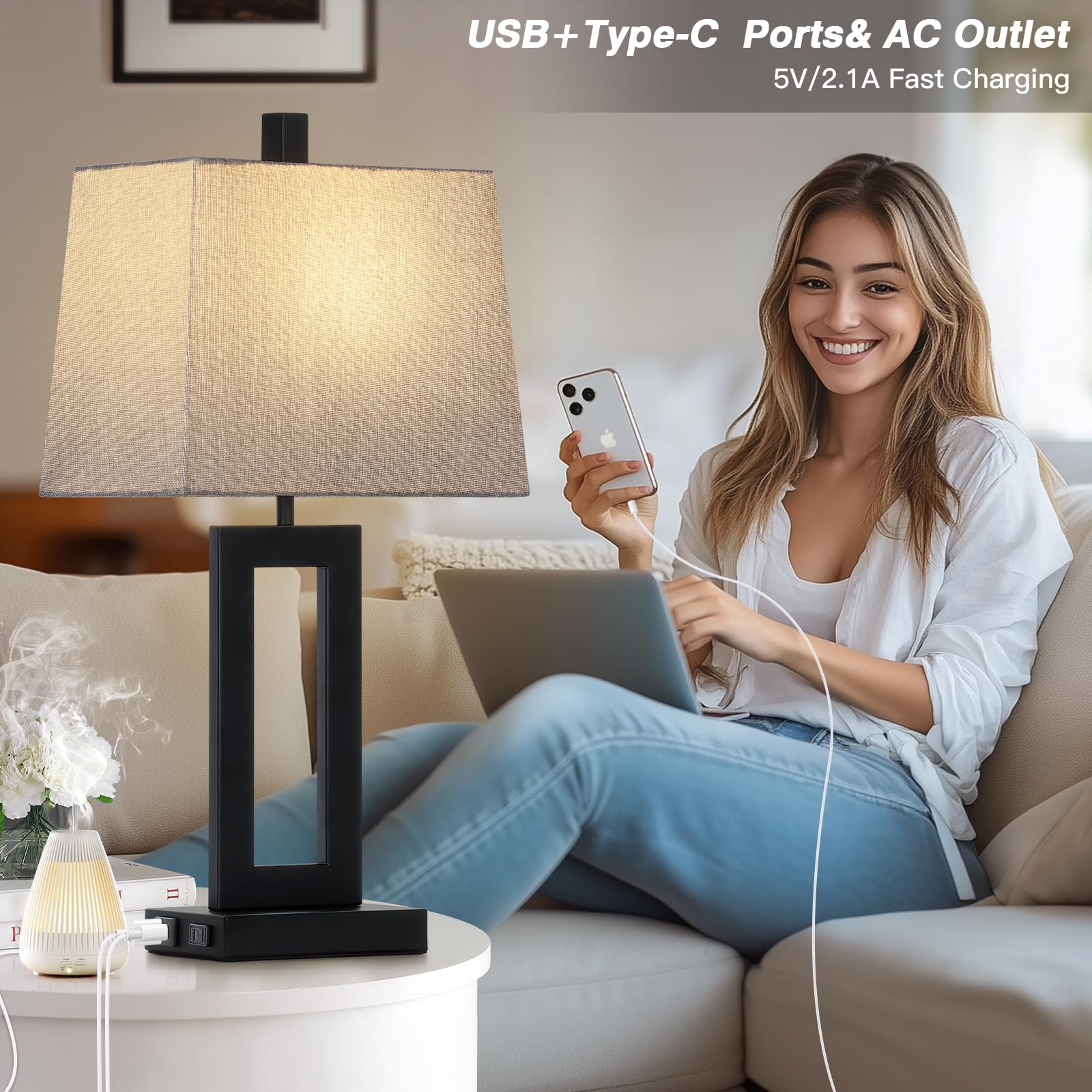 Cinkeda Touch Control Table Lamp Set Of 2, Modern Black Bedside Lamps With Usb C+A Ports & Ac Outlet, 3 Way Dimmable Bedroom Lam