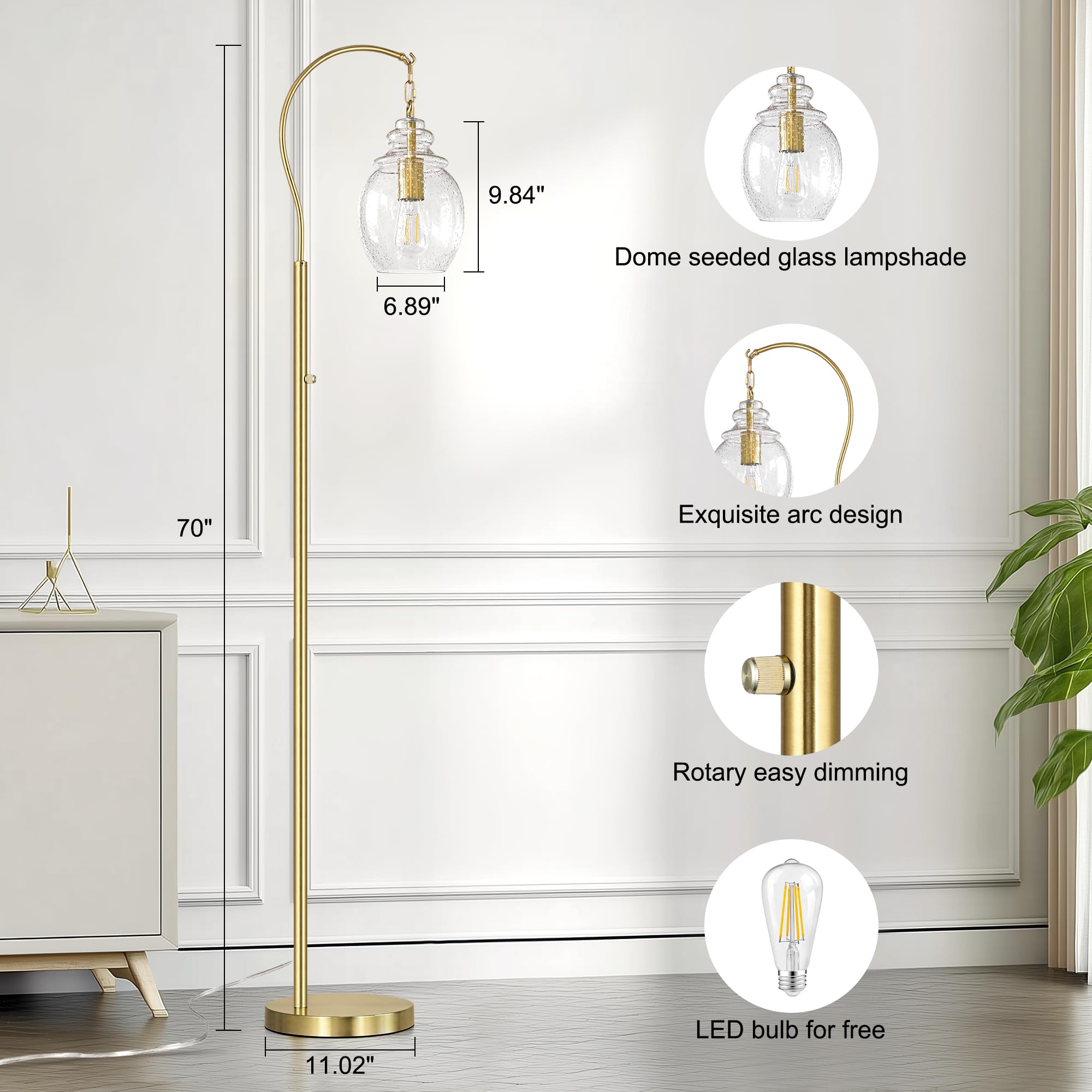 QiMH Gold Arc Floor Lamp, 70" Tall Dimmable Standing Lamp with Seeded Glass Shade, Modern Metal Design for Living Room and Bedroom