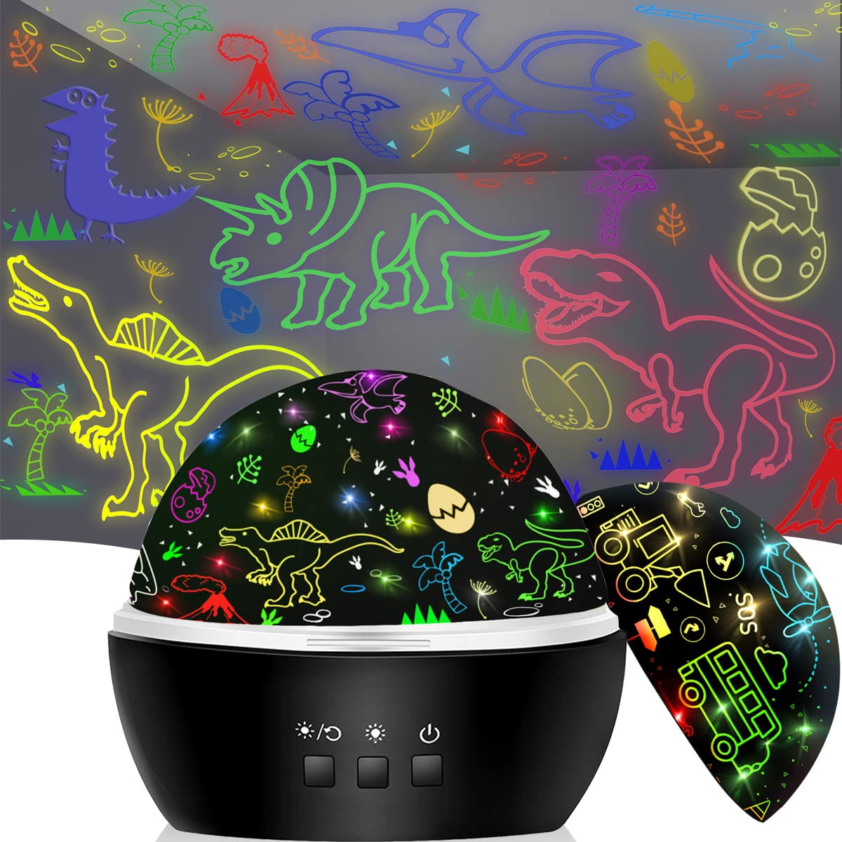 MINGKIDS Night Light Projector Lamp, 2 in 1 Dino & Vehicles Theme, Black, Model 012-1652, for Kids 3-8 Years, Room Decor