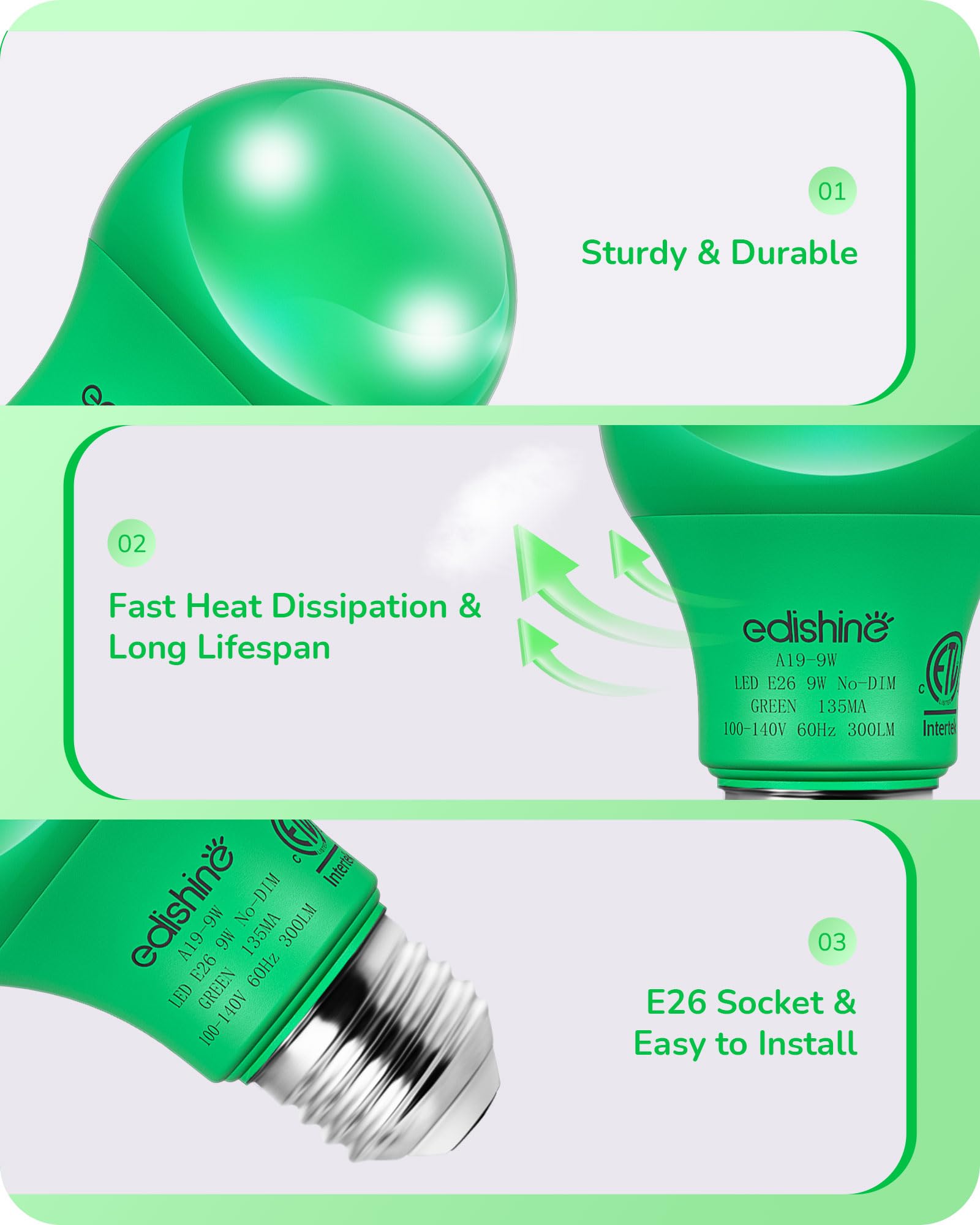 EDISHINE A19 LED Light Bulb 60W Equivalent, Green, 9W, E26 Base, ETL Listed, 4 Count