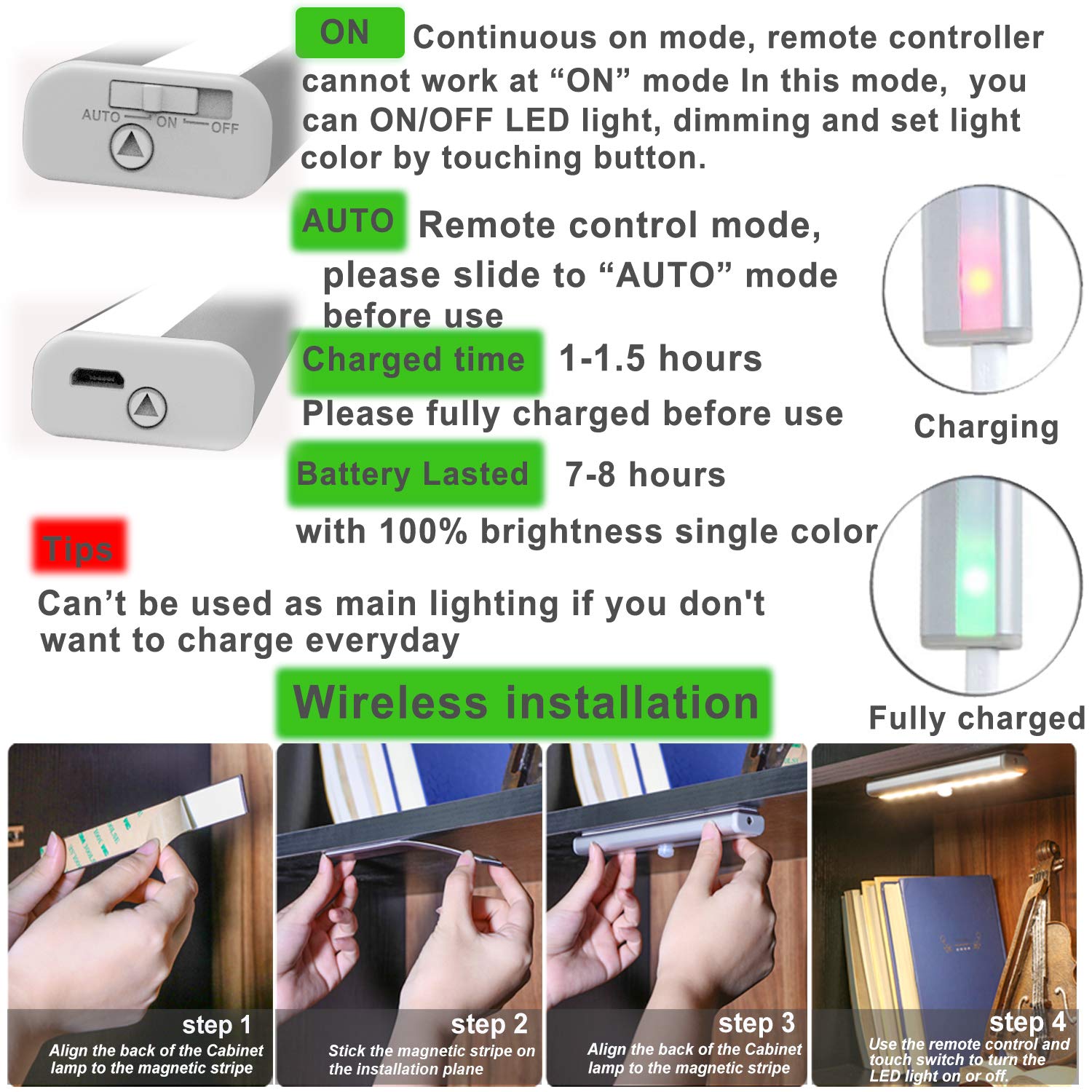 Remote Control Under Cabinet Lights Wireless 6 Pack, 20-Led Dimmable Closet Lights Rechargeable Under Counter Light, Stick On To