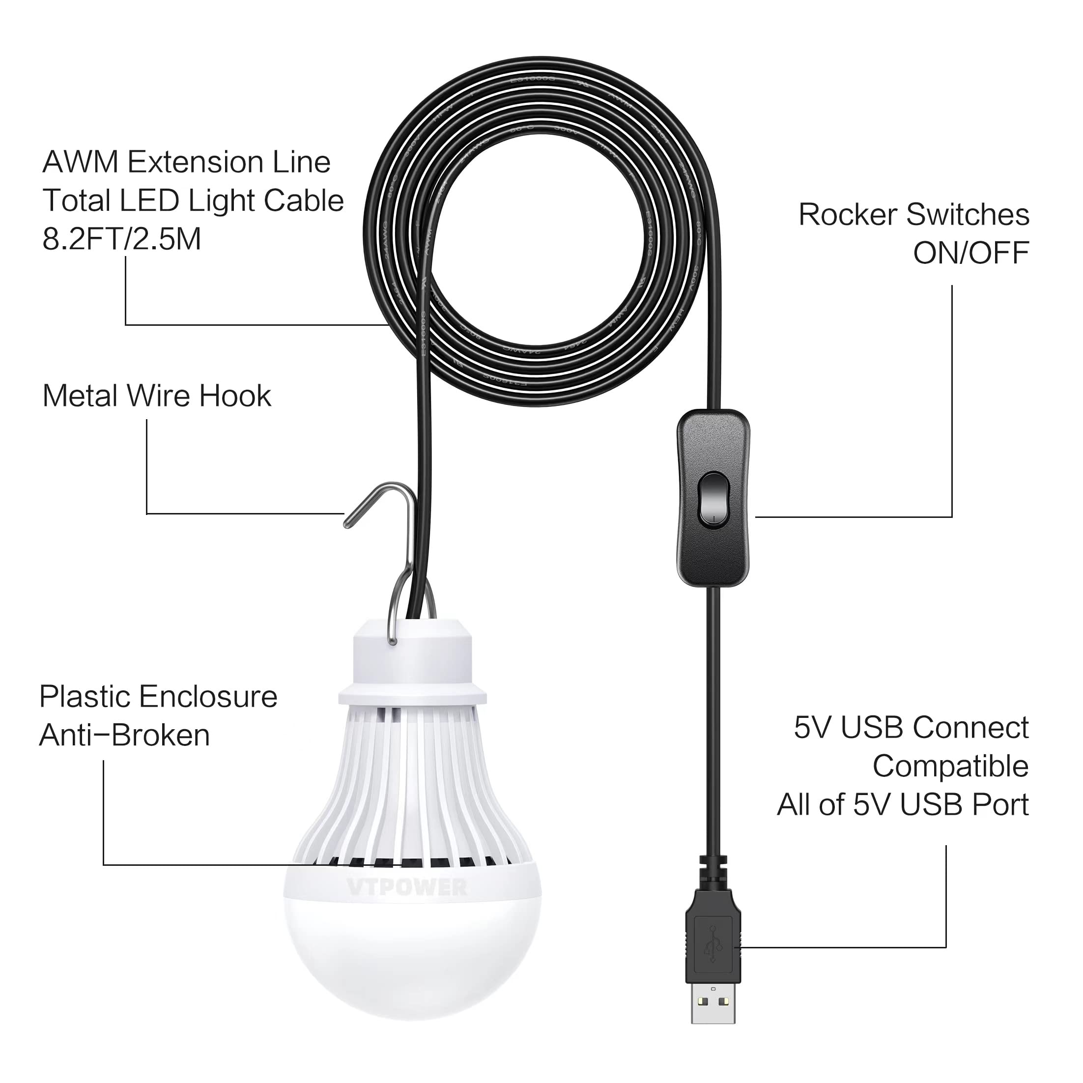 Vtpower Usb Led Light Bulb Camping Latern Outdoor Light With Simple Switch, Portable Led Bulb 5V 5W For Garage Warehouse Car Truck Fishing Boat Outdoor Emergency Light White Lamp 2.5M/8.2Ft…