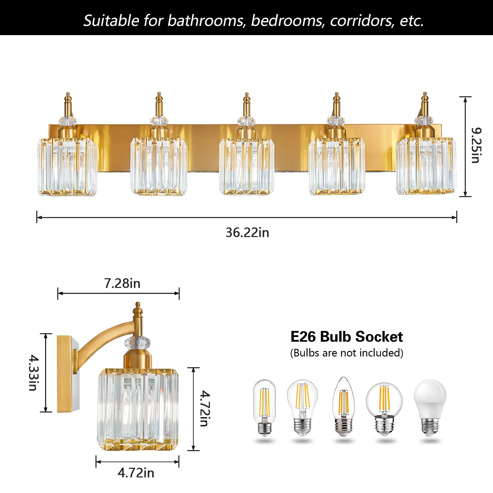 BBLLWJ 5-Light Crystal Vanity Lights - Gold Metal Over-Mirror Bathroom Fixtures, Model 655