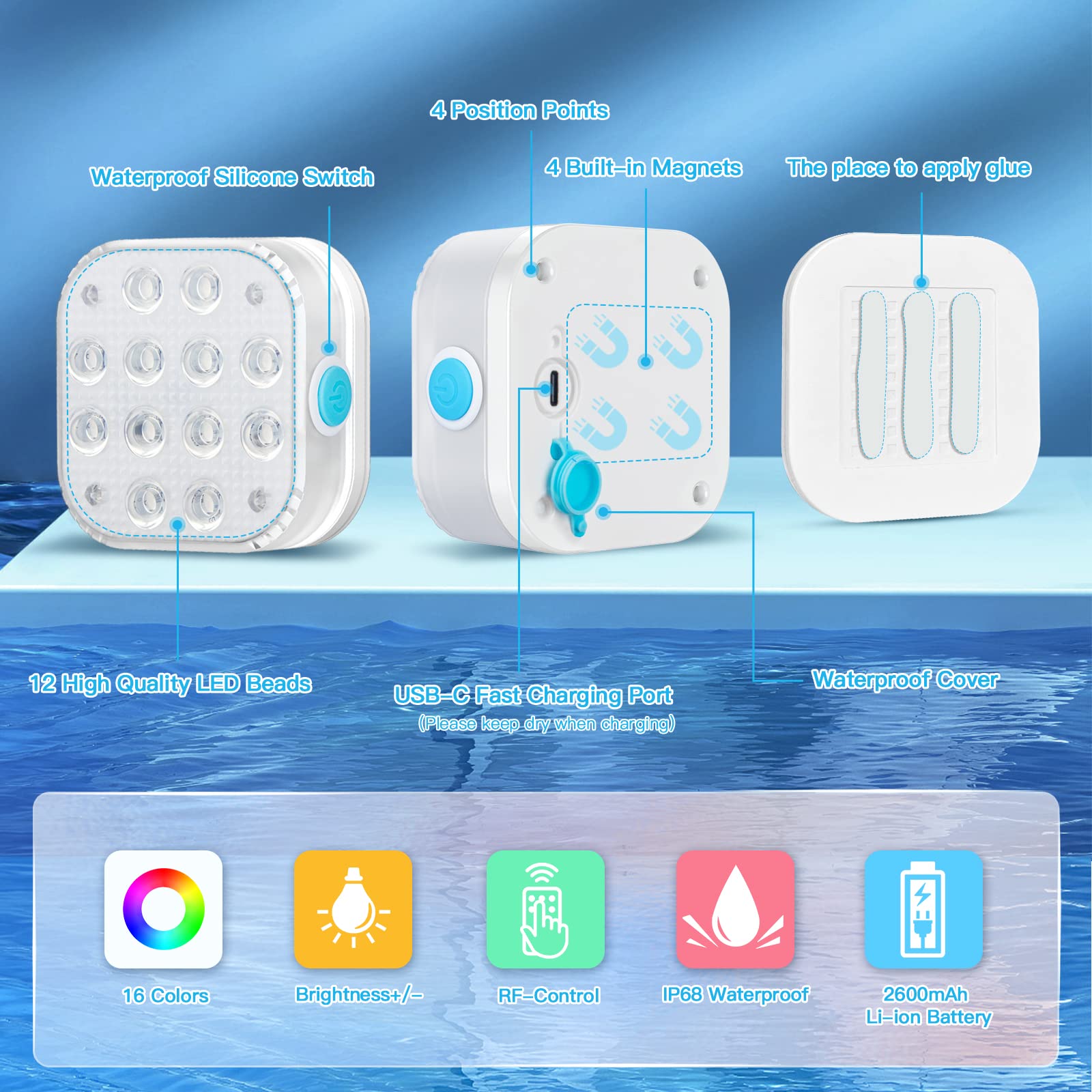 VIDOME Rechargeable Pool Lights - IP68 Waterproof LED Lights with Remote, 16 Color Changing, 4 Set for Bathtubs, Ponds, Party Decor