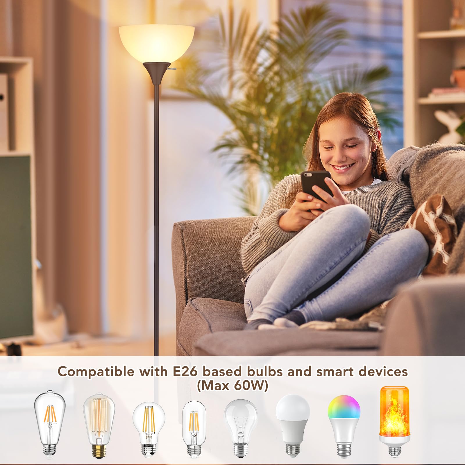 Coucrek LED Floor Lamp, Brown Metal Standing Light with White Shade, Rotary Switch, Model F073